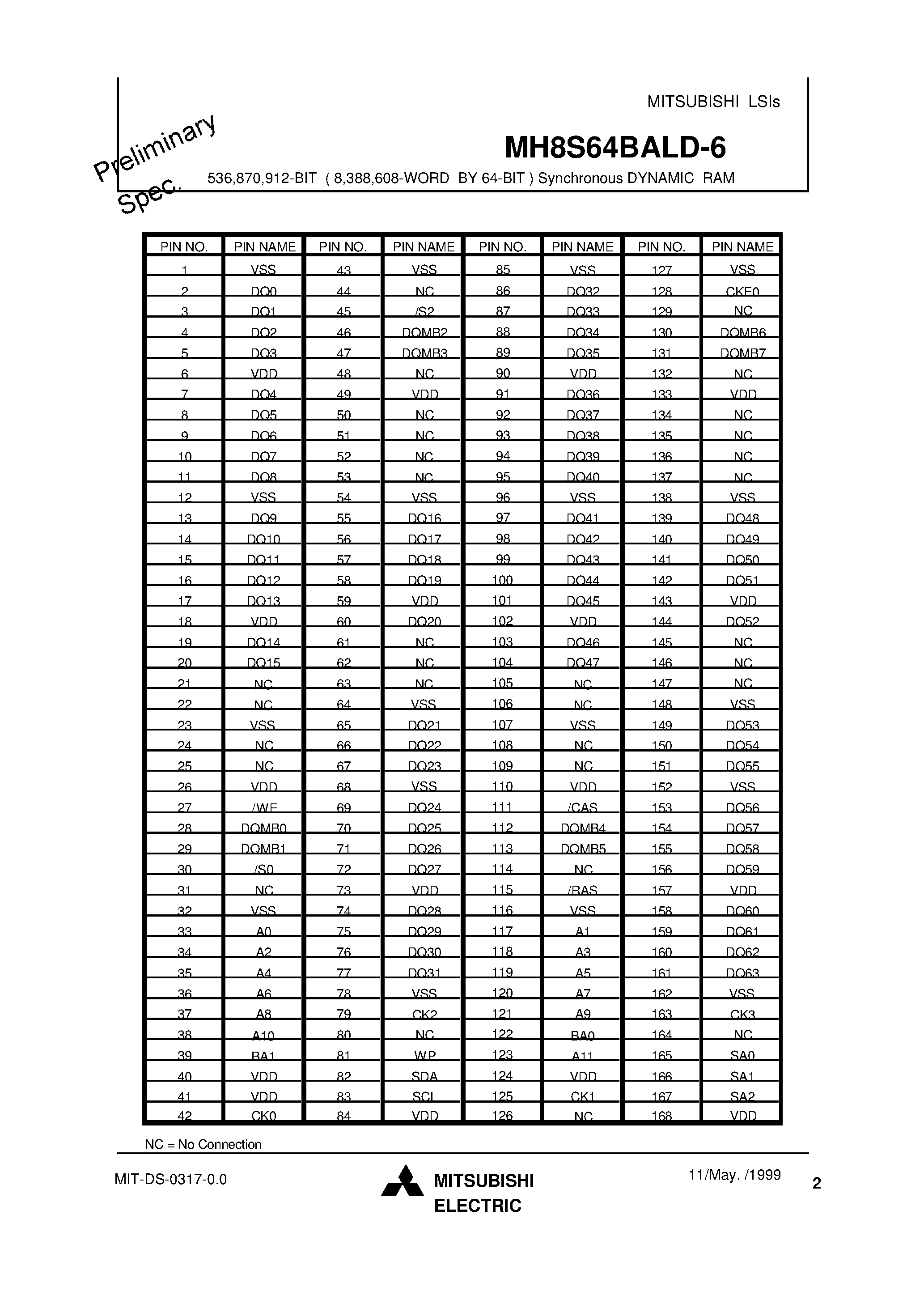 Datasheet MH8S64BALD-6 page 2 Datasheet MH8S64BALD-6 - 536 /870 /912-BIT ( 8 /388 /608-WORD BY 64-BIT ) Synchronous DYNAMIC RAM page 2