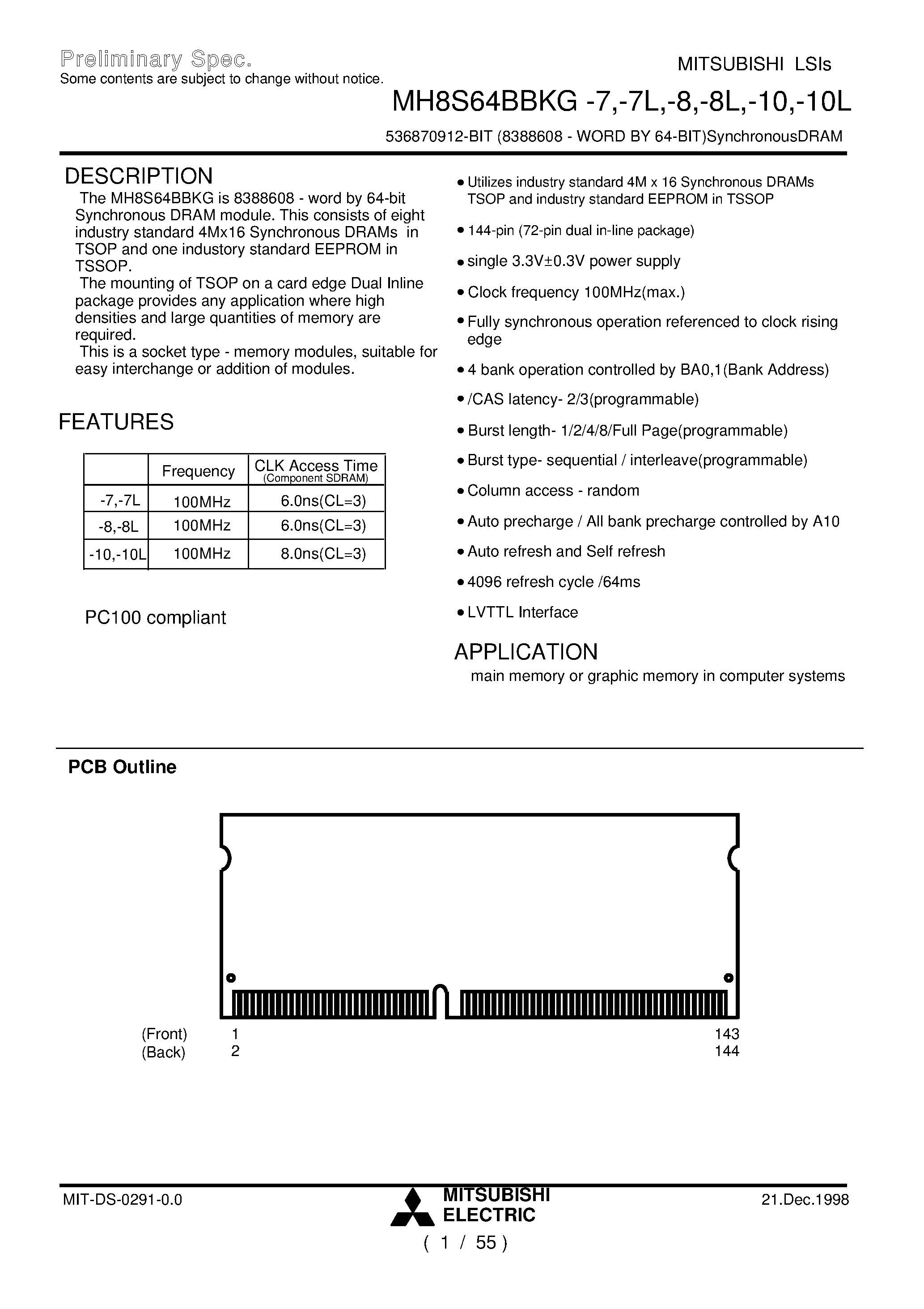 Datasheet MH8S64BBKG-7 - 536870912-BIT (8388608 - WORD BY 64-BIT)SynchronousDRAM page 1