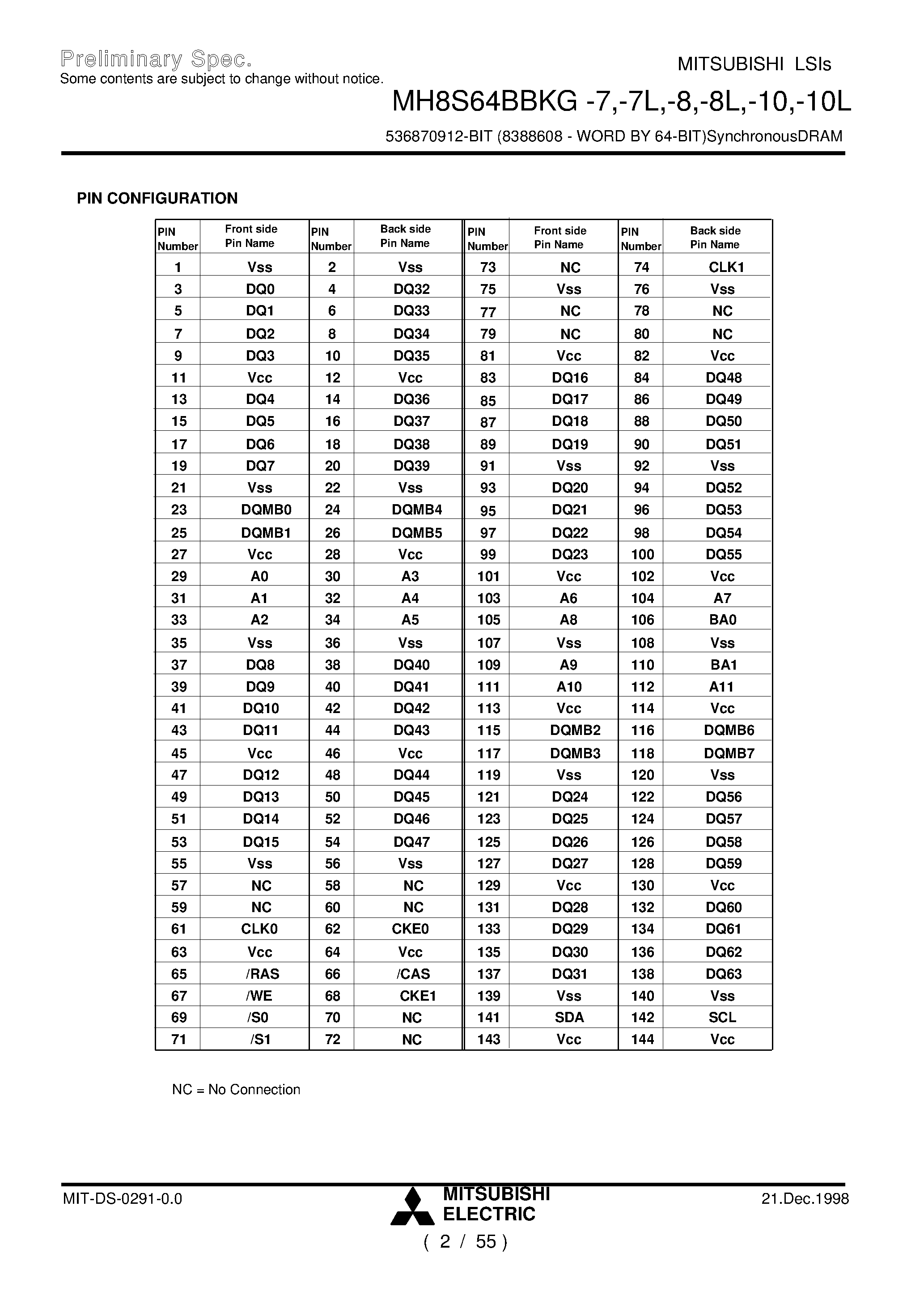 Datasheet MH8S64BBKG-7 - 536870912-BIT (8388608 - WORD BY 64-BIT)SynchronousDRAM page 2