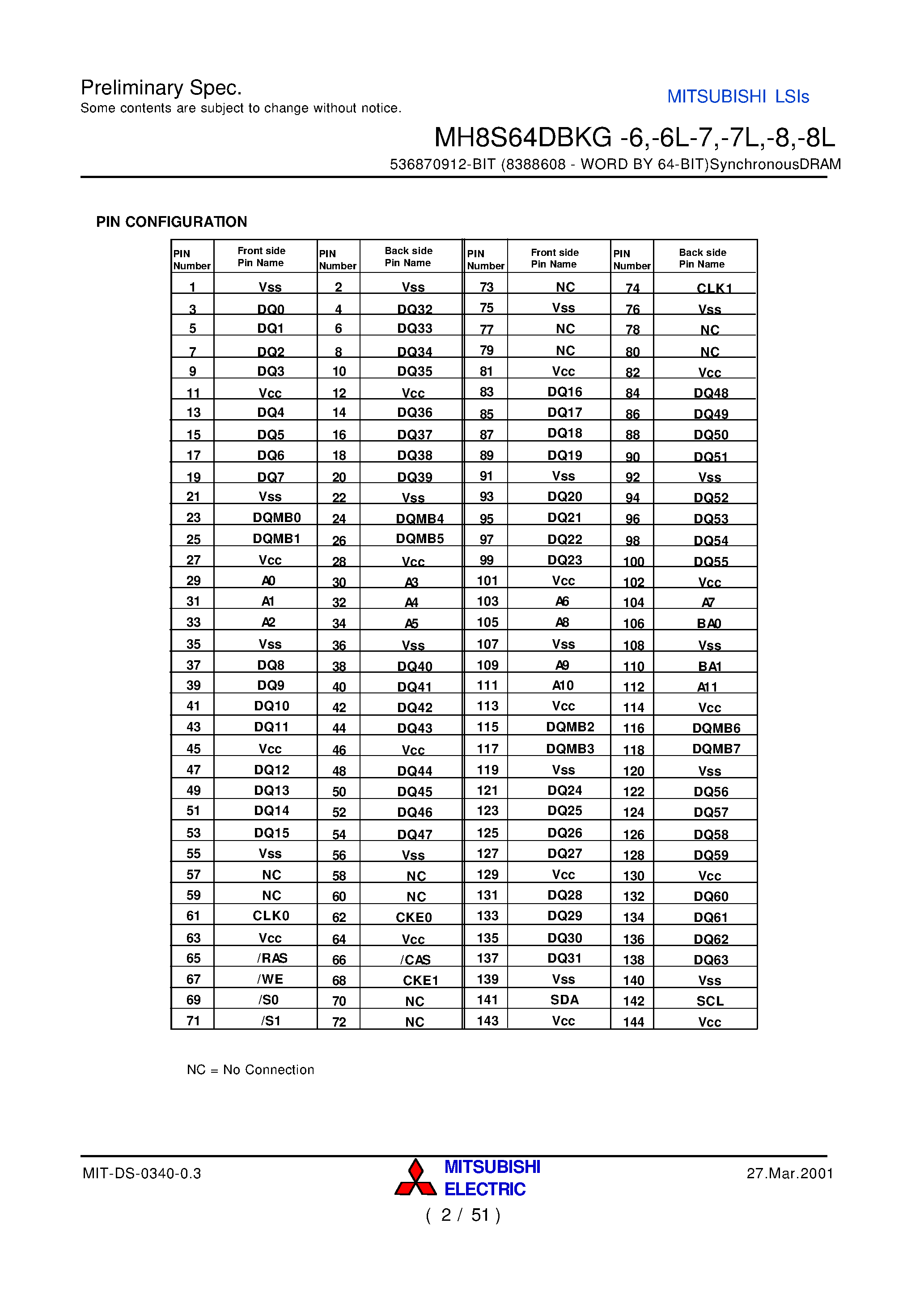 Datasheet MH8S64DBKG-6 page 2 Datasheet MH8S64DBKG-6 - 536870912-BIT (8388608 - WORD BY 64-BIT)SynchronousDRAM page 2