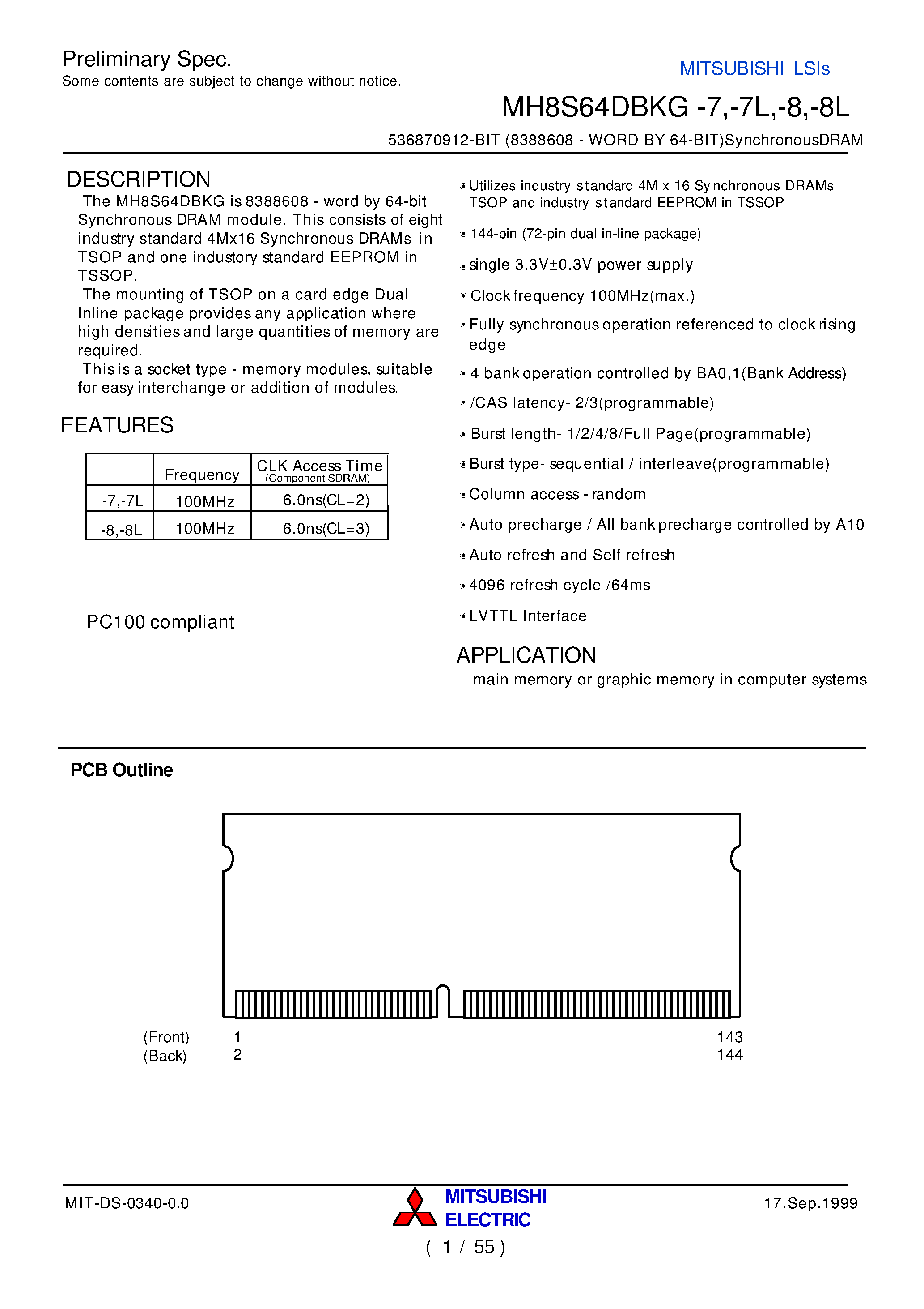 Datasheet MH8S64DBKG-7 - 536870912-BIT (8388608 - WORD BY 64-BIT)SynchronousDRAM page 1
