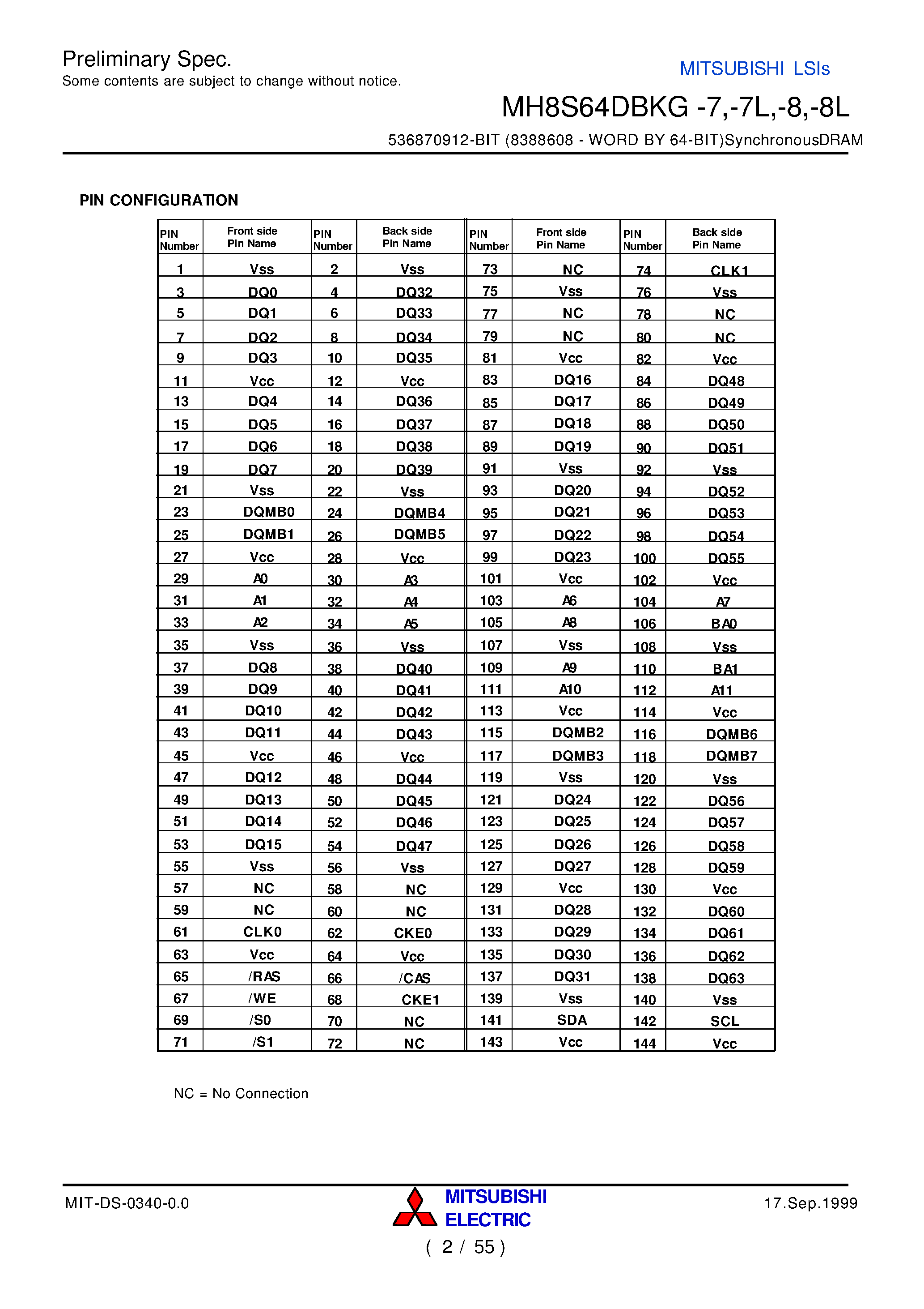 Datasheet MH8S64DBKG-7 - 536870912-BIT (8388608 - WORD BY 64-BIT)SynchronousDRAM page 2