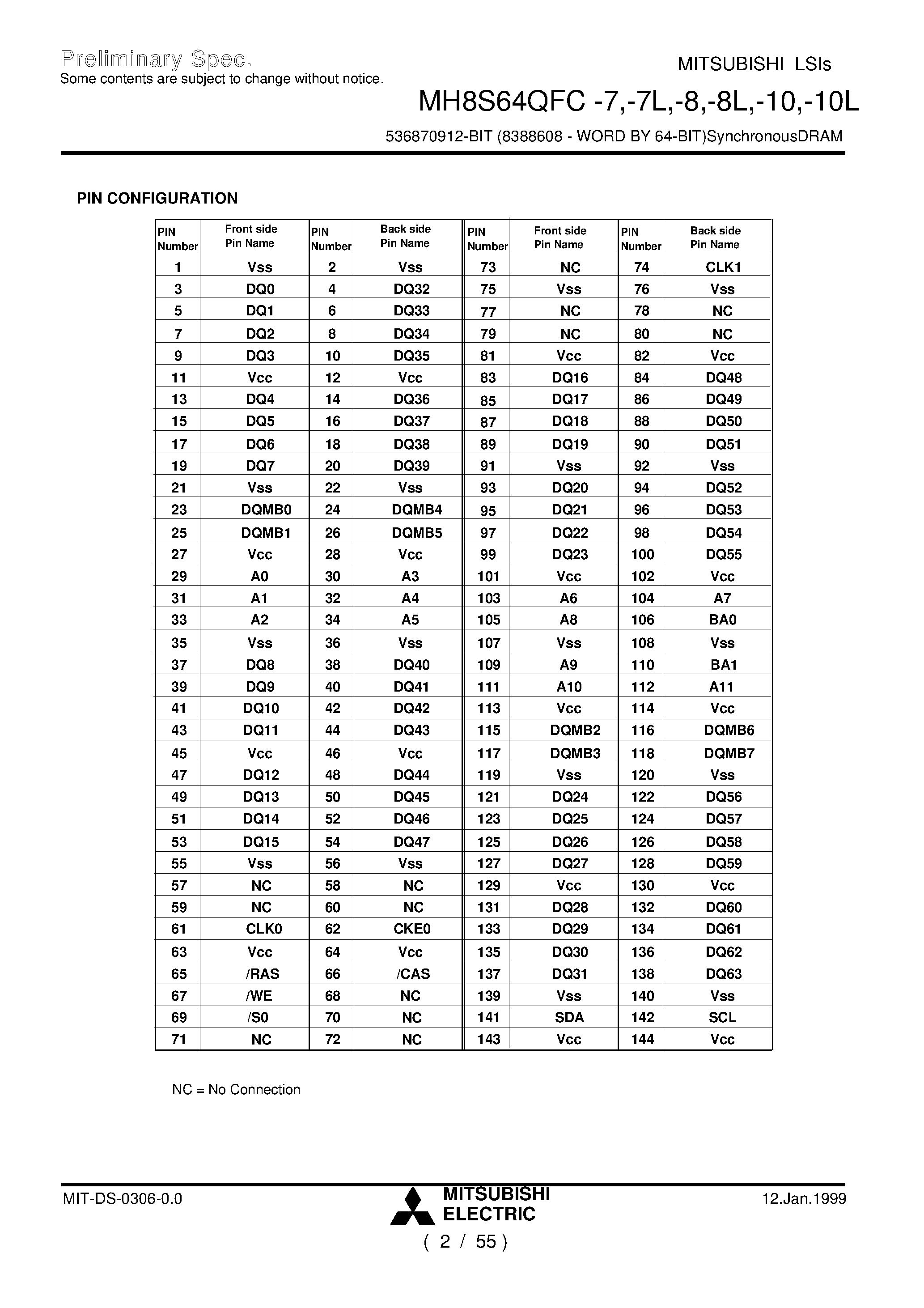 Datasheet MH8S64QFC-7 - 536870912-BIT (8388608 - WORD BY 64-BIT)SynchronousDRAM page 2