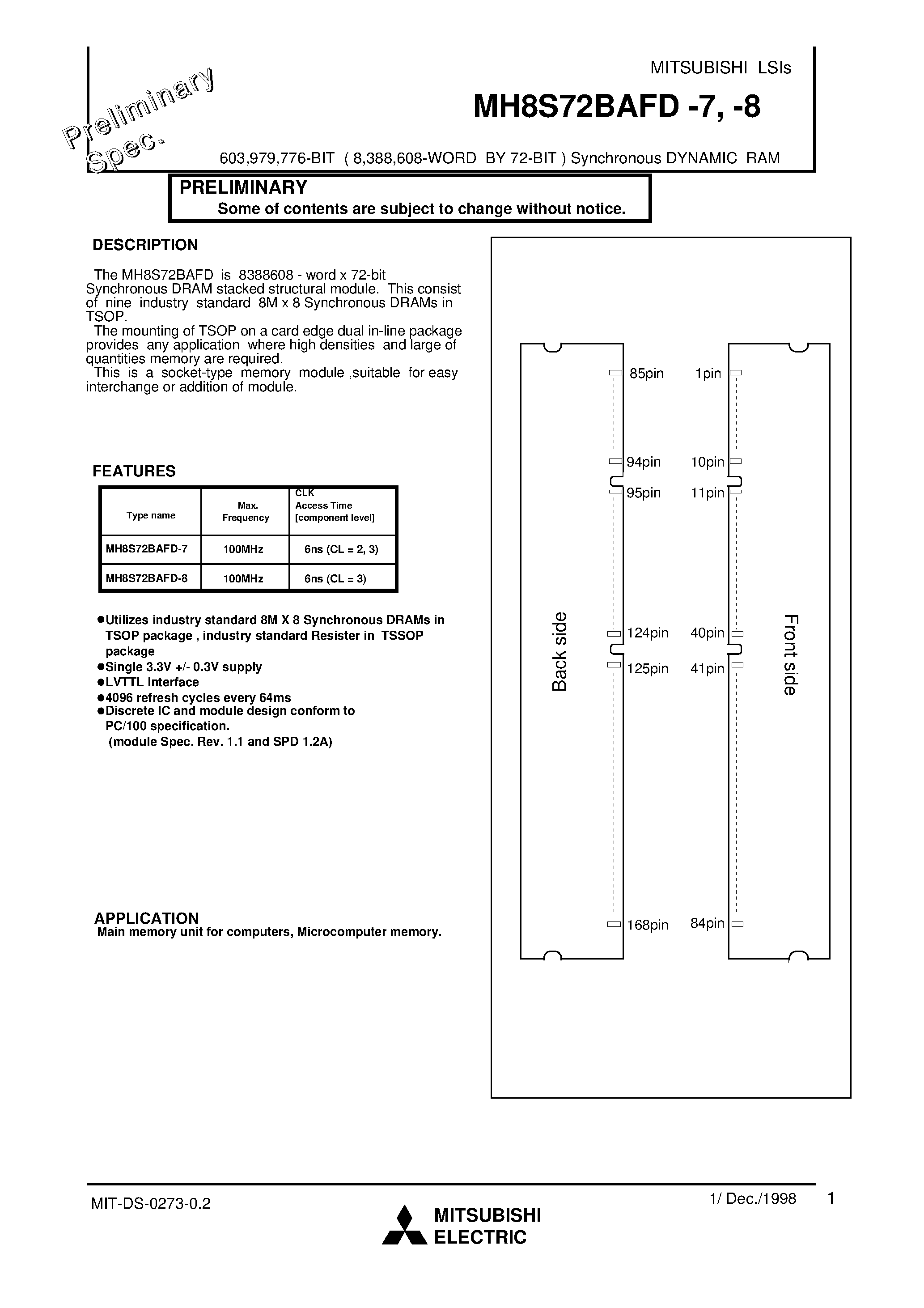 Даташит MH8S72BAFD-8 - 603 /979 /776-BIT ( 8 /388 /608-WORD BY 72-BIT ) Synchronous DYNAMIC RAM страница 1