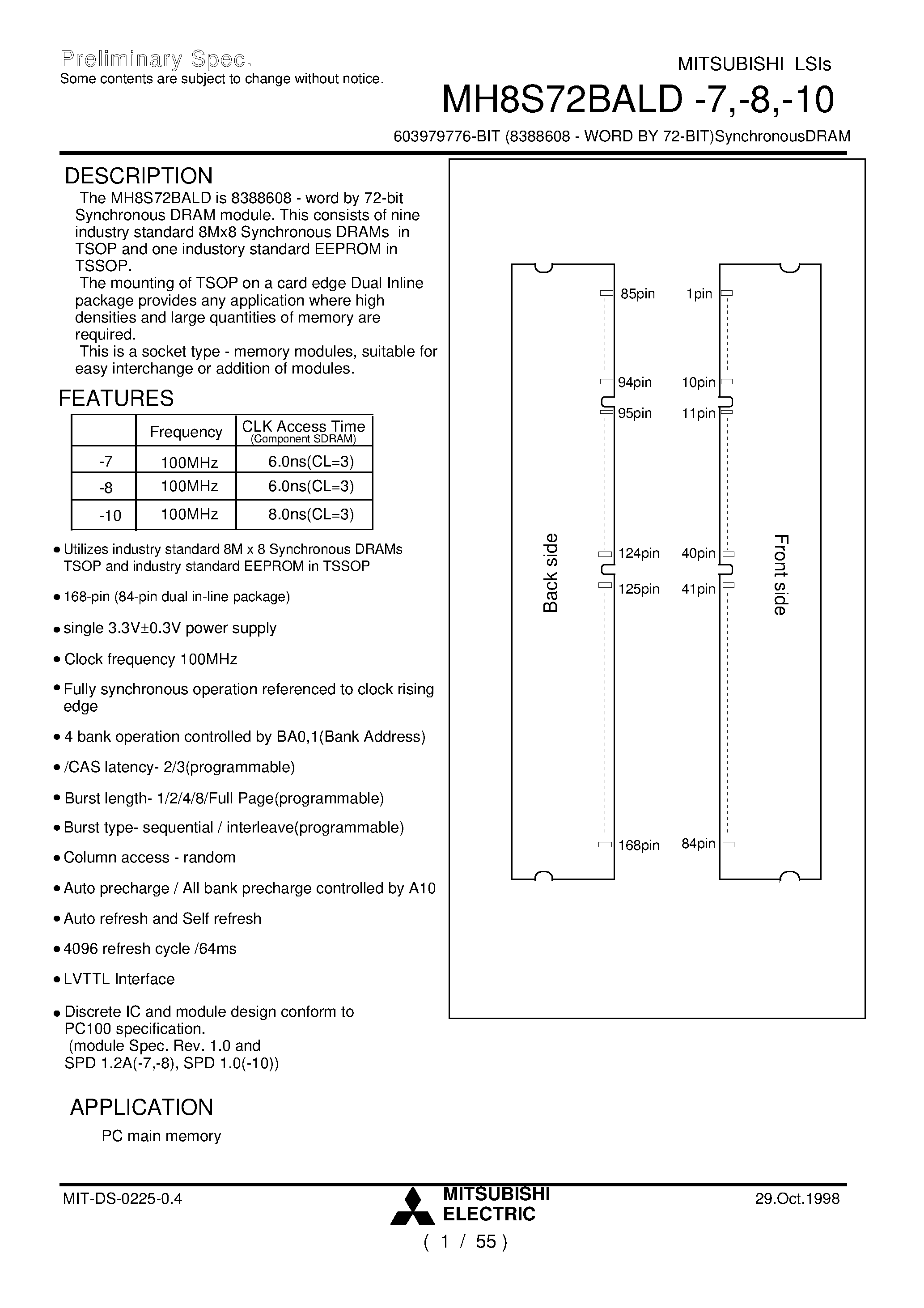 Datasheet MH8S72BALD-7 page 1 Datasheet MH8S72BALD-7 - 603979776-BIT (8388608 - WORD BY 72-BIT)SynchronousDRAM page 1