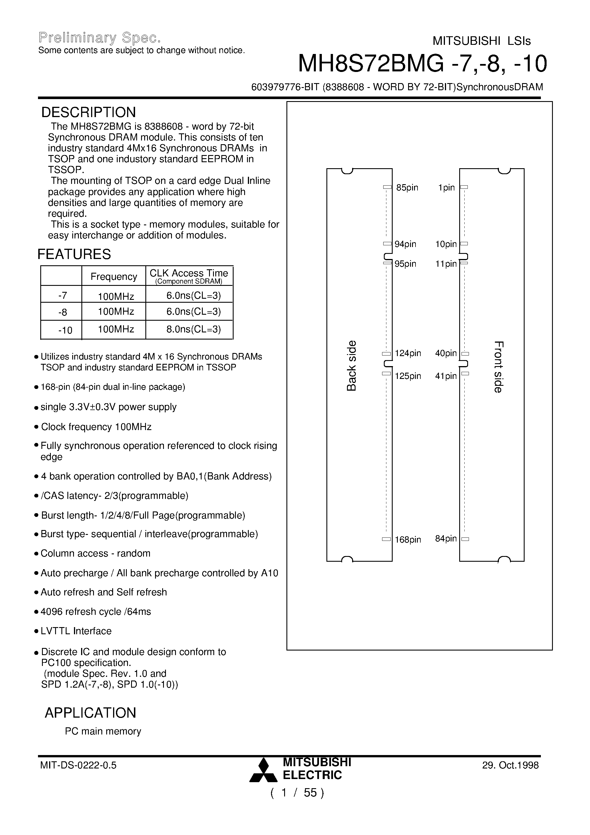 Datasheet MH8S72BMG-7 - 603979776-BIT (8388608 - WORD BY 72-BIT)SynchronousDRAM page 1