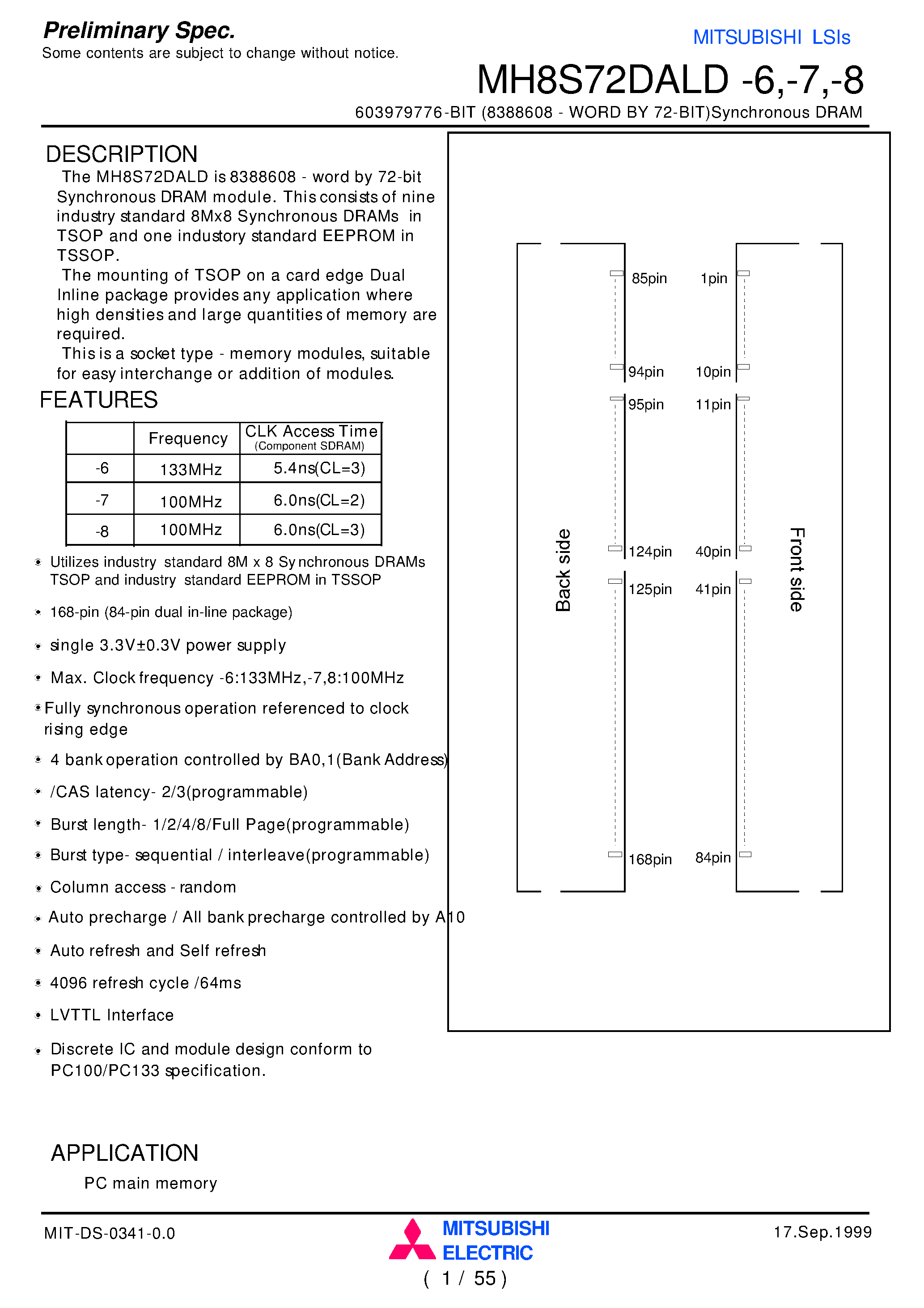 Datasheet MH8S72DALD-6 page 1 Datasheet MH8S72DALD-6 - 603979776-BIT (8388608 - WORD BY 72-BIT)Synchronous DRAM page 1