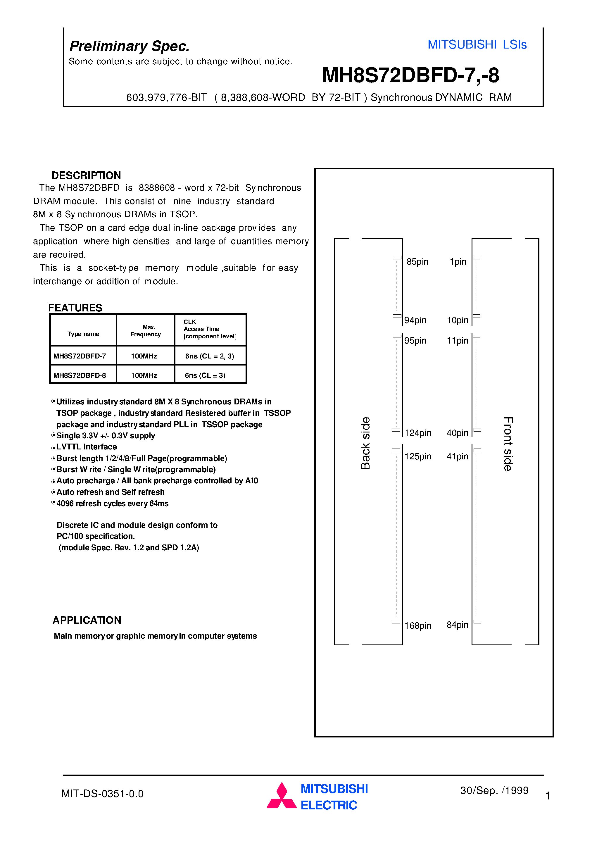 Datasheet MH8S72DBFD-7 - 603 /979 /776-BIT ( 8 /388 /608-WORD BY 72-BIT ) Synchronous DYNAMIC RAM page 1