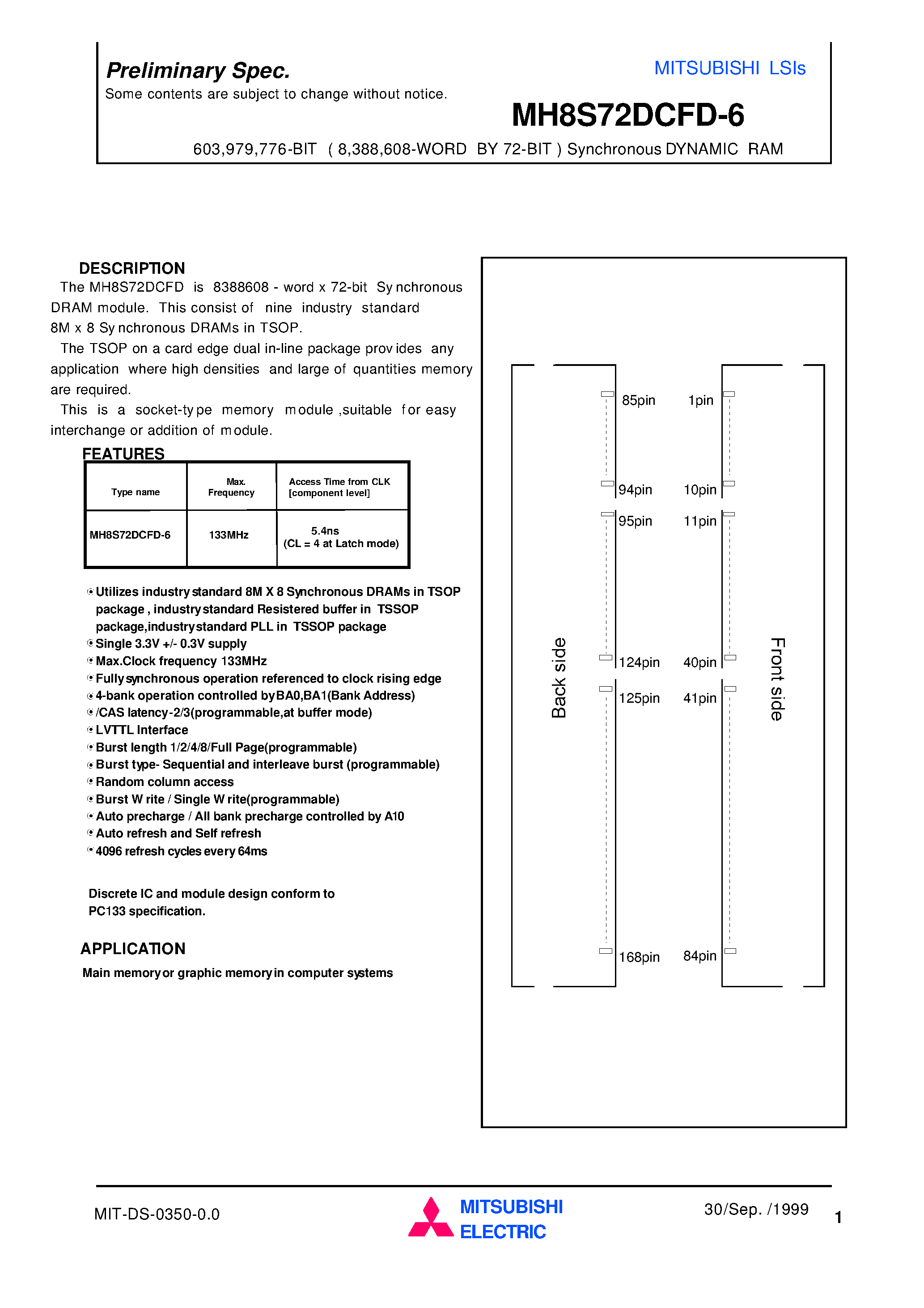 Datasheet MH8S72DCFD-6 - 603 /979 /776-BIT ( 8 /388 /608-WORD BY 72-BIT ) Synchronous DYNAMIC RAM page 1