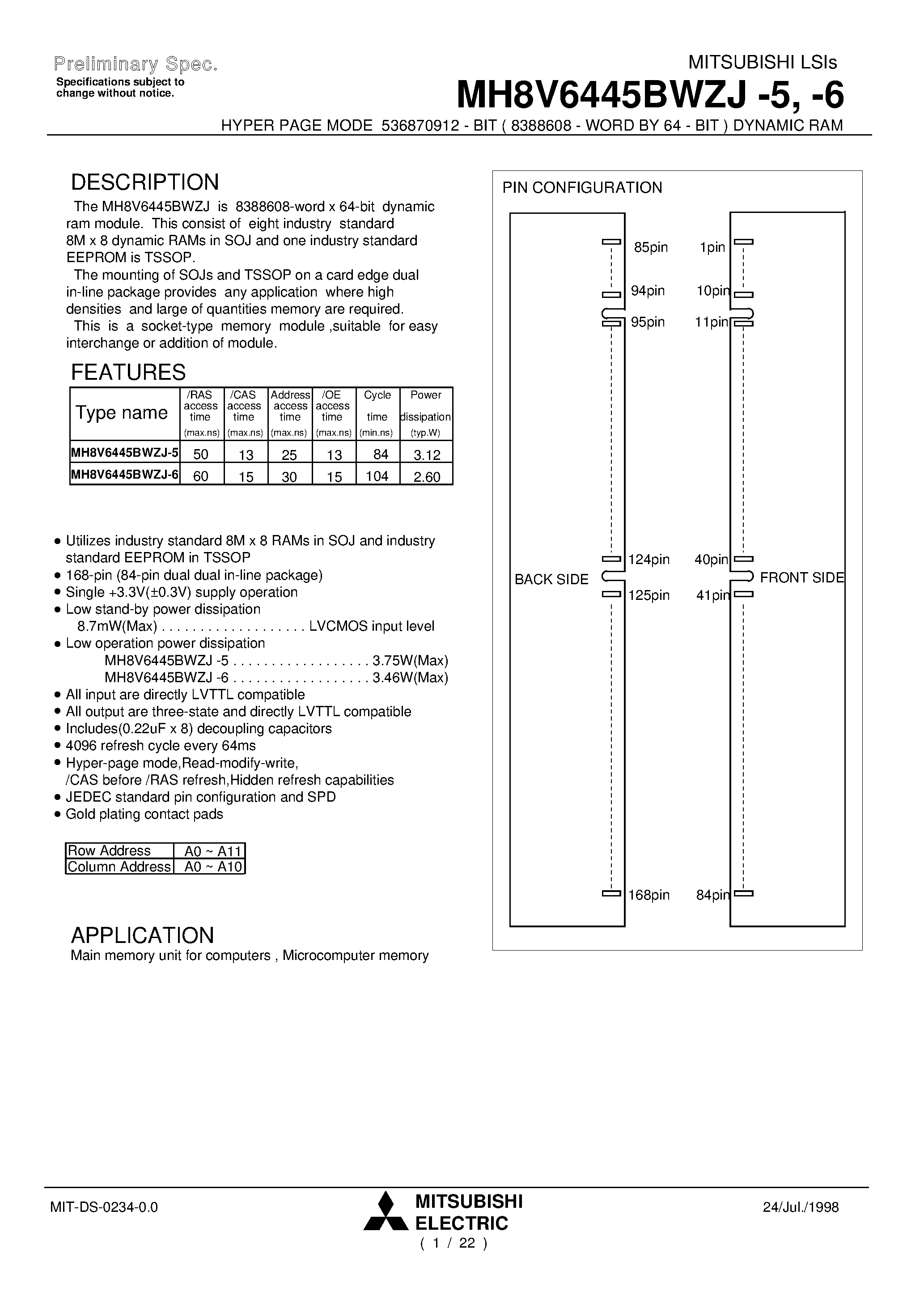 Datasheet MH8V6445BWZJ-5 - HYPER PAGE MODE 536870912 - BIT ( 8388608 - WORD BY 64 - BIT ) DYNAMIC RAM page 1
