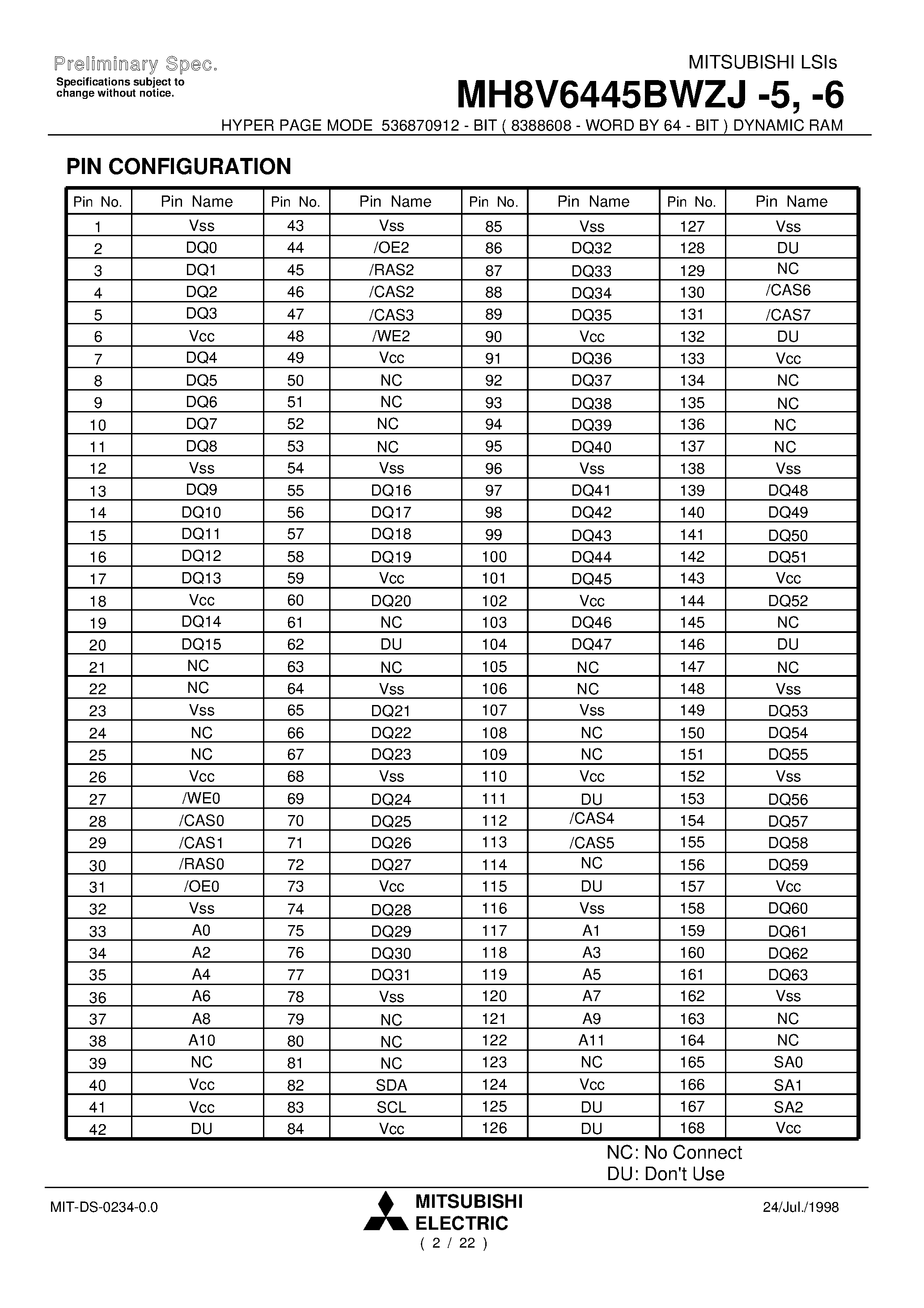 Datasheet MH8V6445BWZJ-5 - HYPER PAGE MODE 536870912 - BIT ( 8388608 - WORD BY 64 - BIT ) DYNAMIC RAM page 2