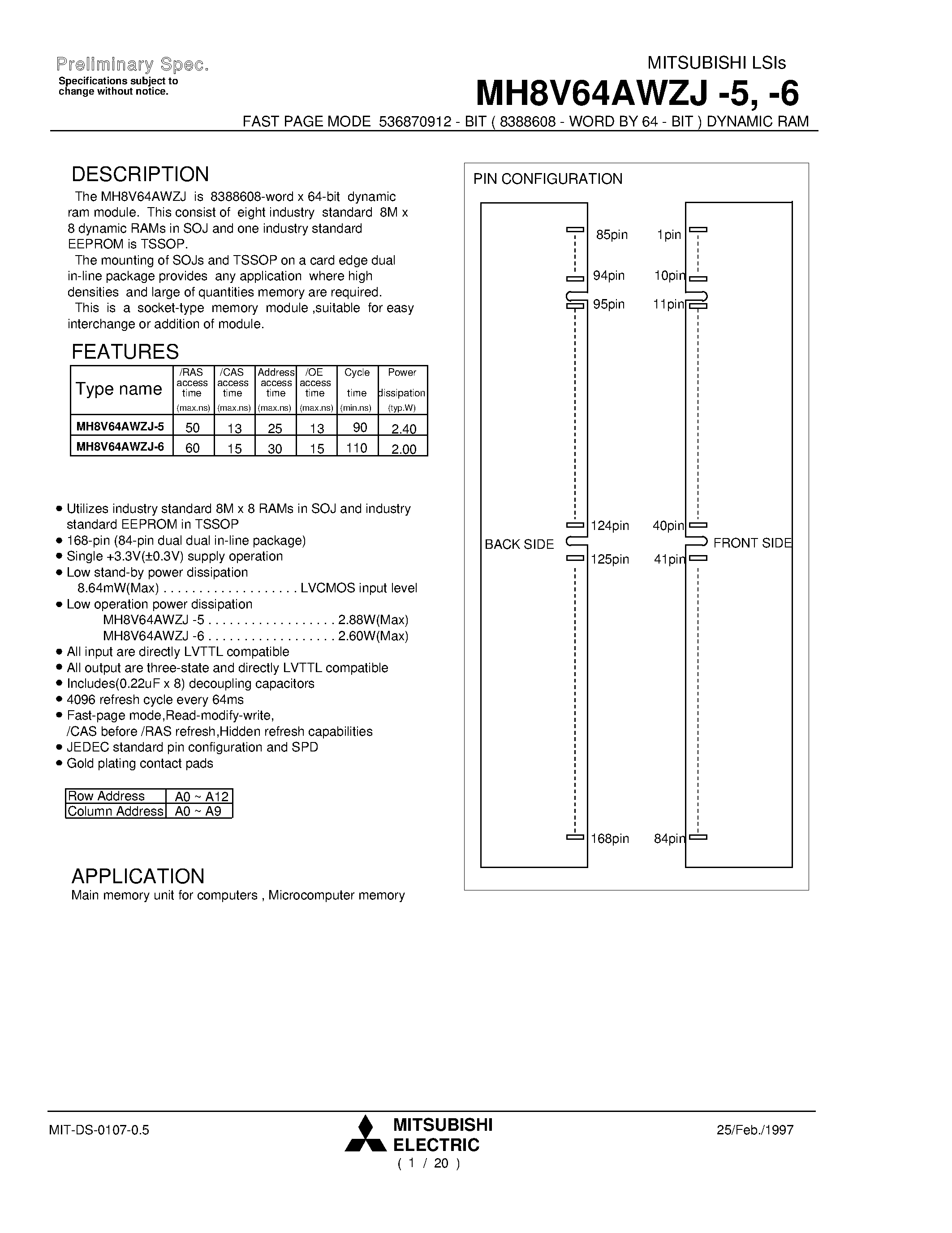 Datasheet MH8V64AWZJ-6 - FAST PAGE MODE 536870912 - BIT ( 8388608 - WORD BY 64 - BIT ) DYNAMIC RAM page 1