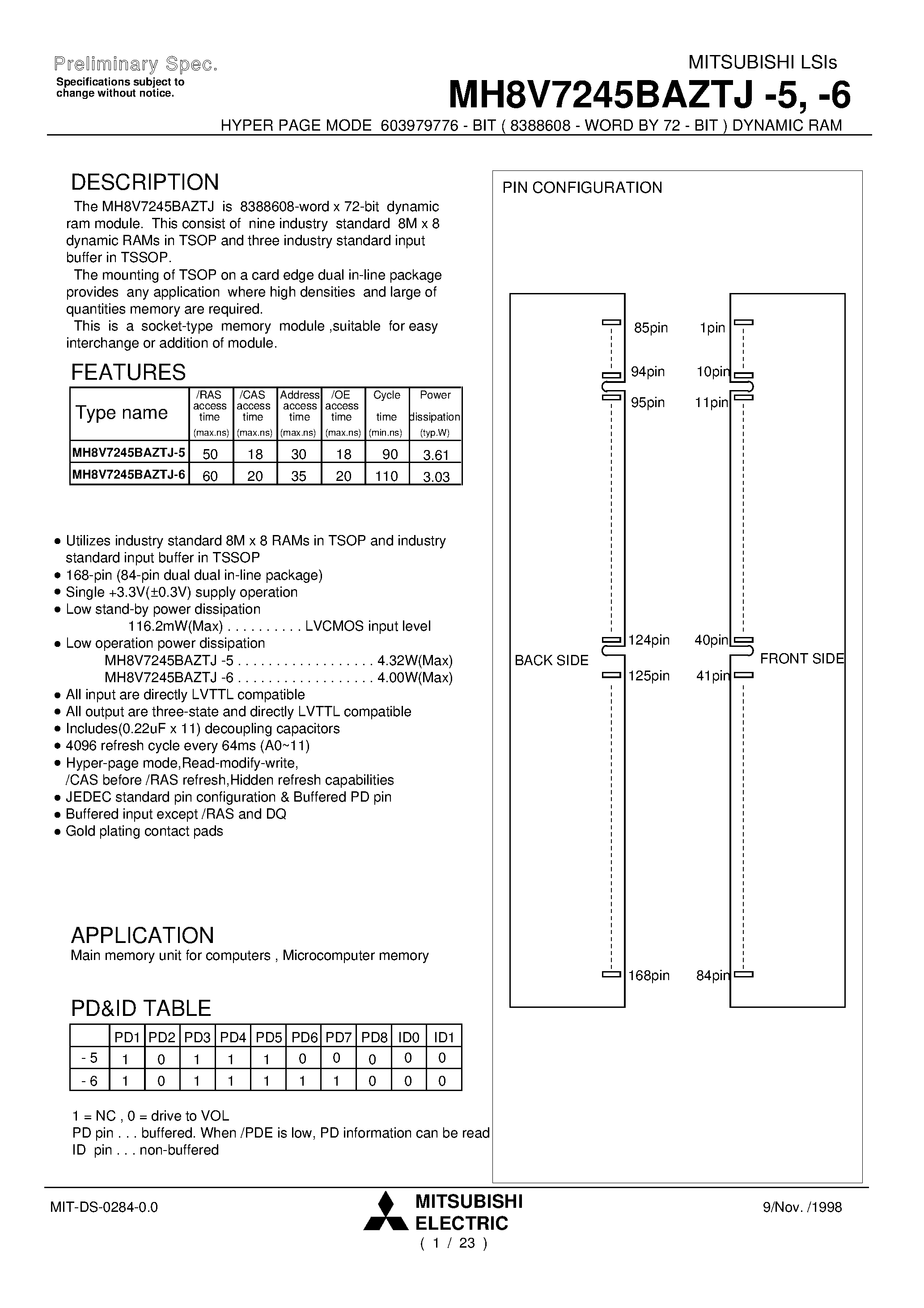 Datasheet MH8V7245BAZTJ-5 - HYPER PAGE MODE 603979776 - BIT ( 8388608 - WORD BY 72 - BIT ) DYNAMIC RAM page 1
