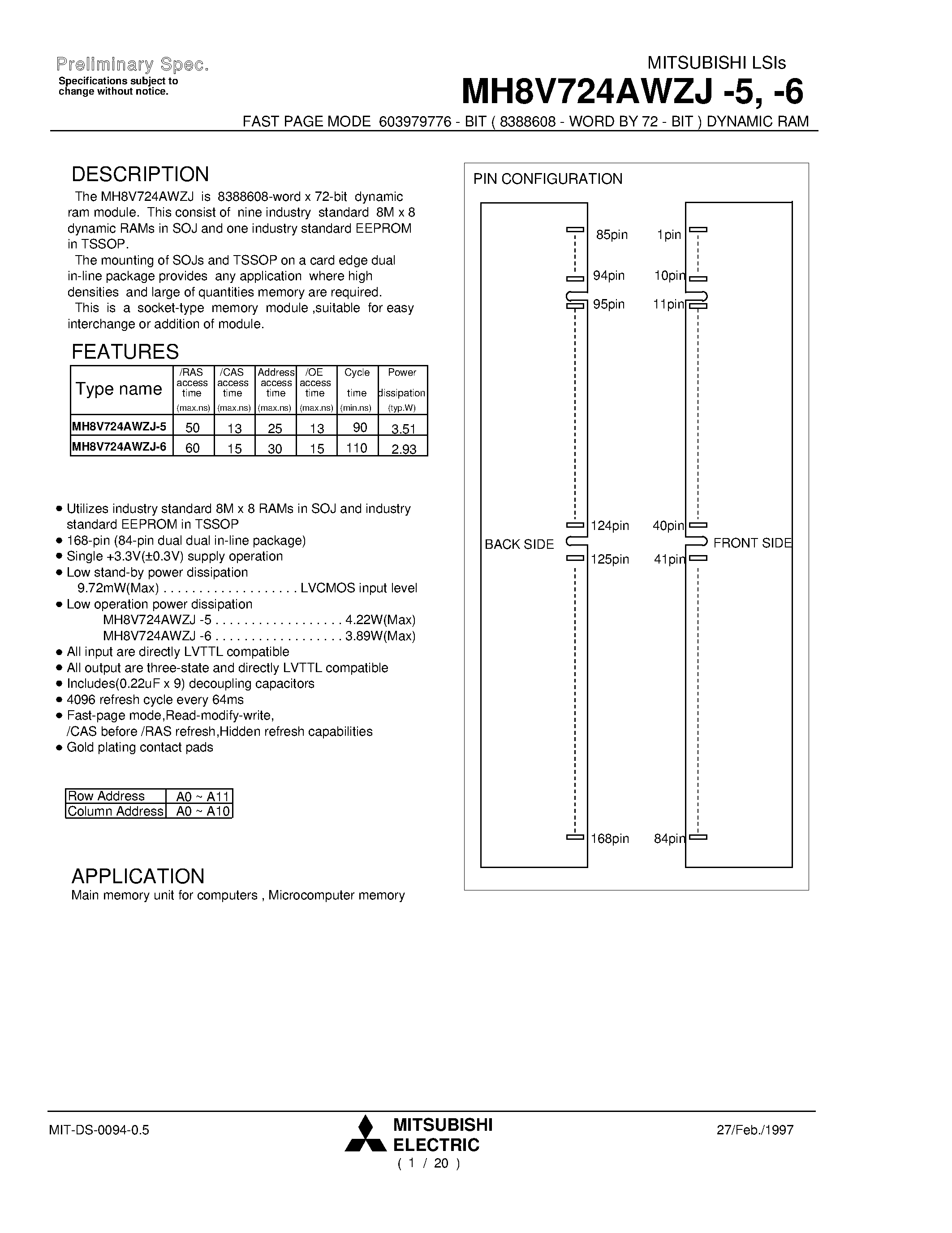 Datasheet MH8V724AWZJ-5 - FAST PAGE MODE 603979776 - BIT ( 8388608 - WORD BY 72 - BIT ) DYNAMIC RAM page 1