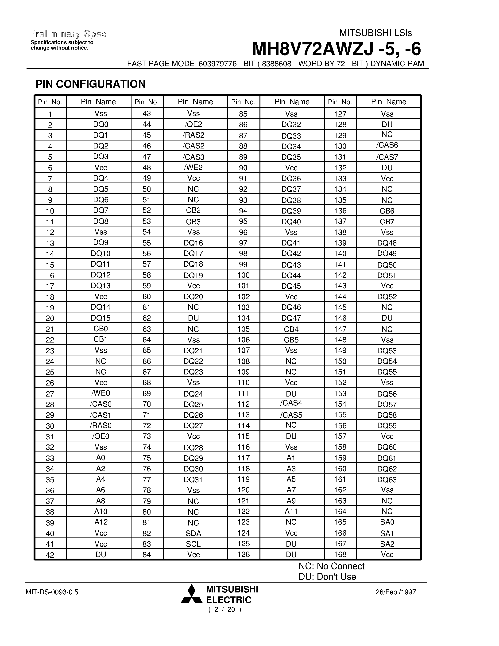 Datasheet MH8V72AWZJ-5 - FAST PAGE MODE 603979776 - BIT ( 8388608 - WORD BY 72 - BIT ) DYNAMIC RAM page 2