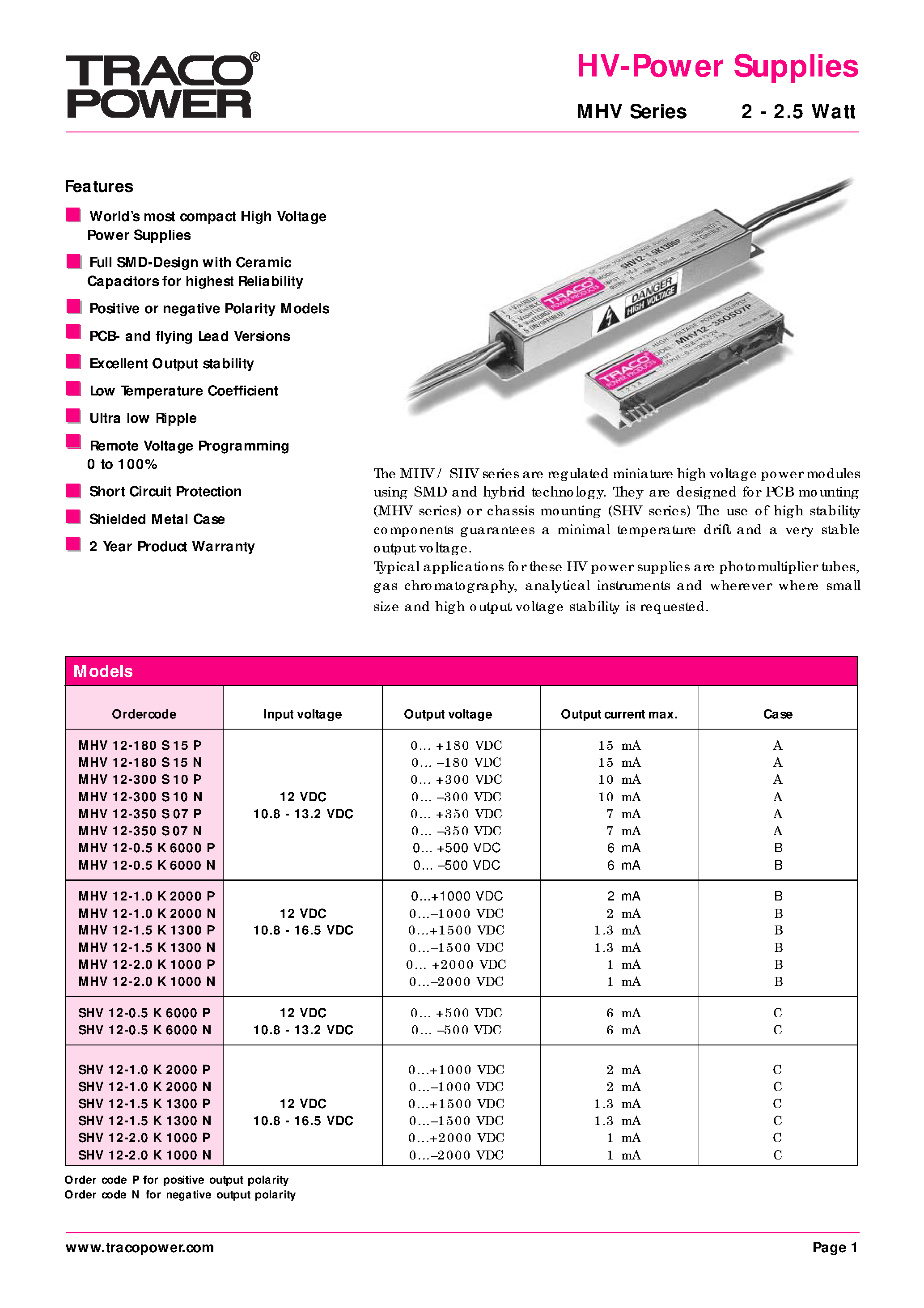 Datasheet MHV12-0.5K6000P page 1 Datasheet MHV12-0.5K6000P - HV-Power Supplies page 1