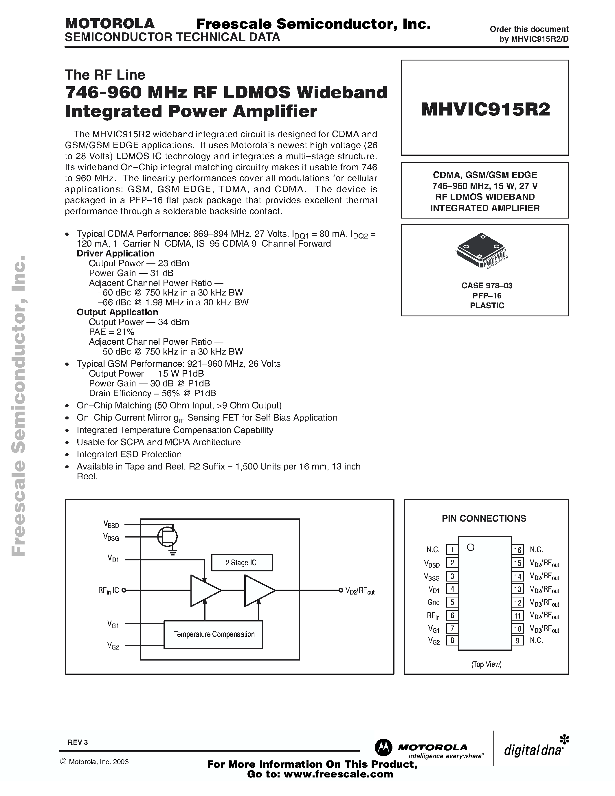 Datasheet MHVIC915R2 - 746-960 MHz RF LDMOS Wideband Integrated Power Amplifier page 1