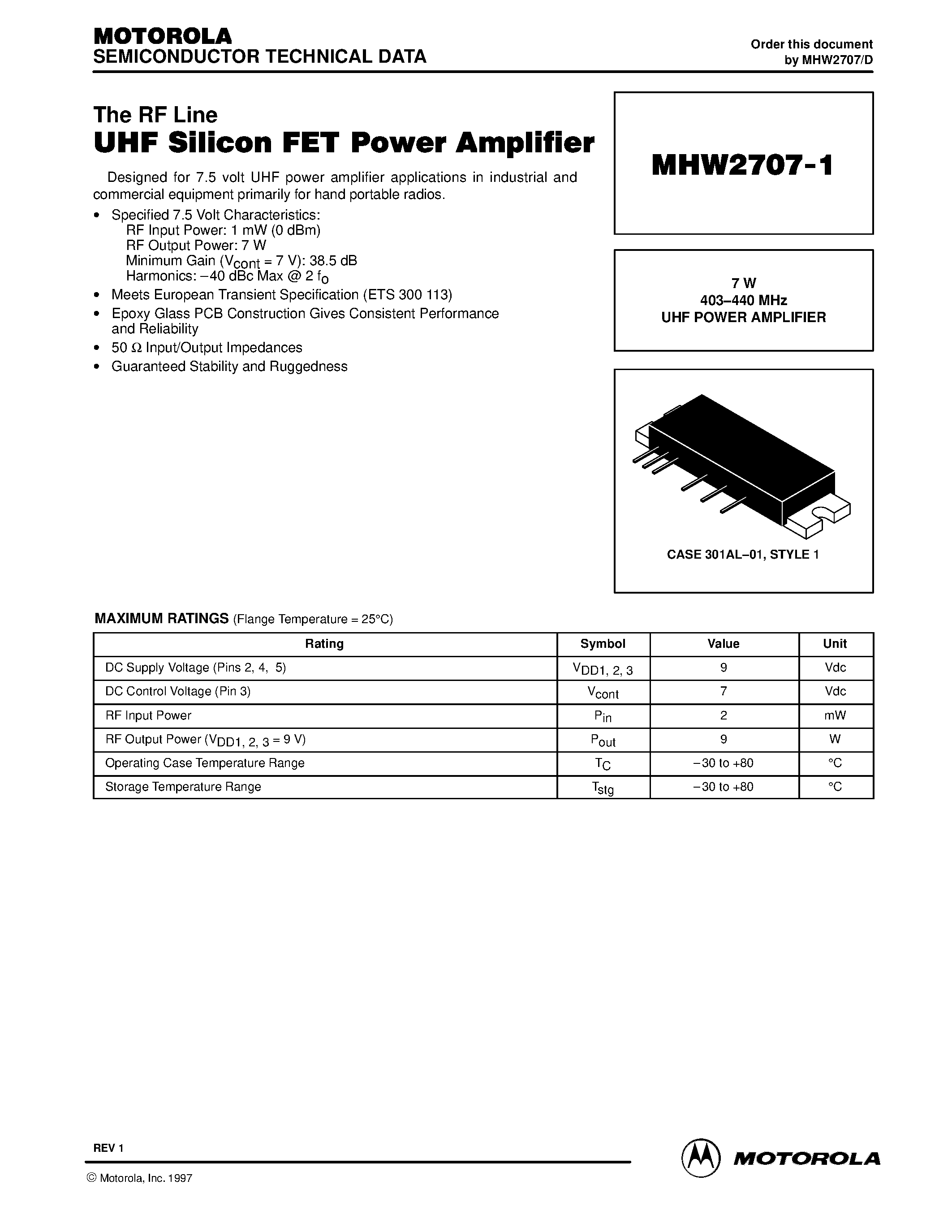 Datasheet MHW2707-1 page 1 Datasheet MHW2707-1 - UHF Silicon FET Power Amplifier page 1