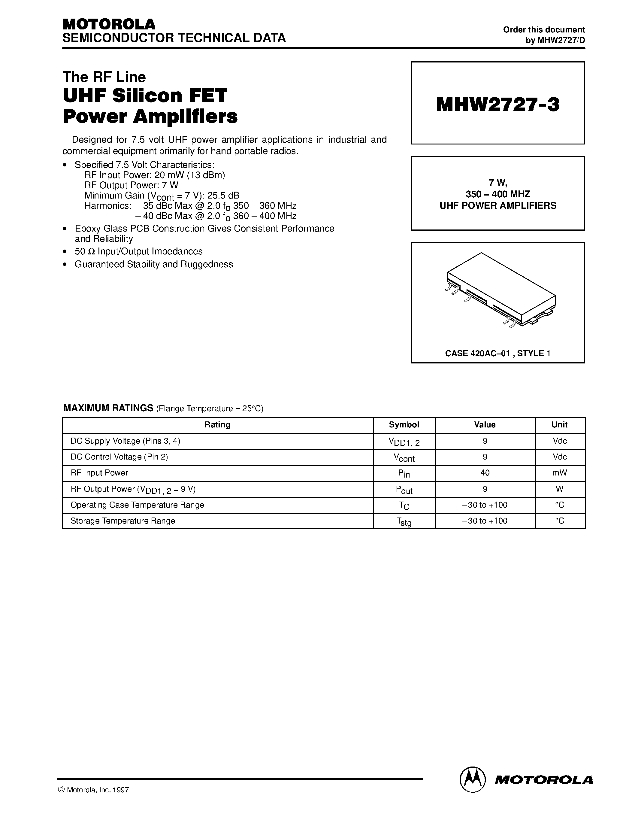 Datasheet MHW2727-3 - UHF Silicon FET Power Amplifier page 1