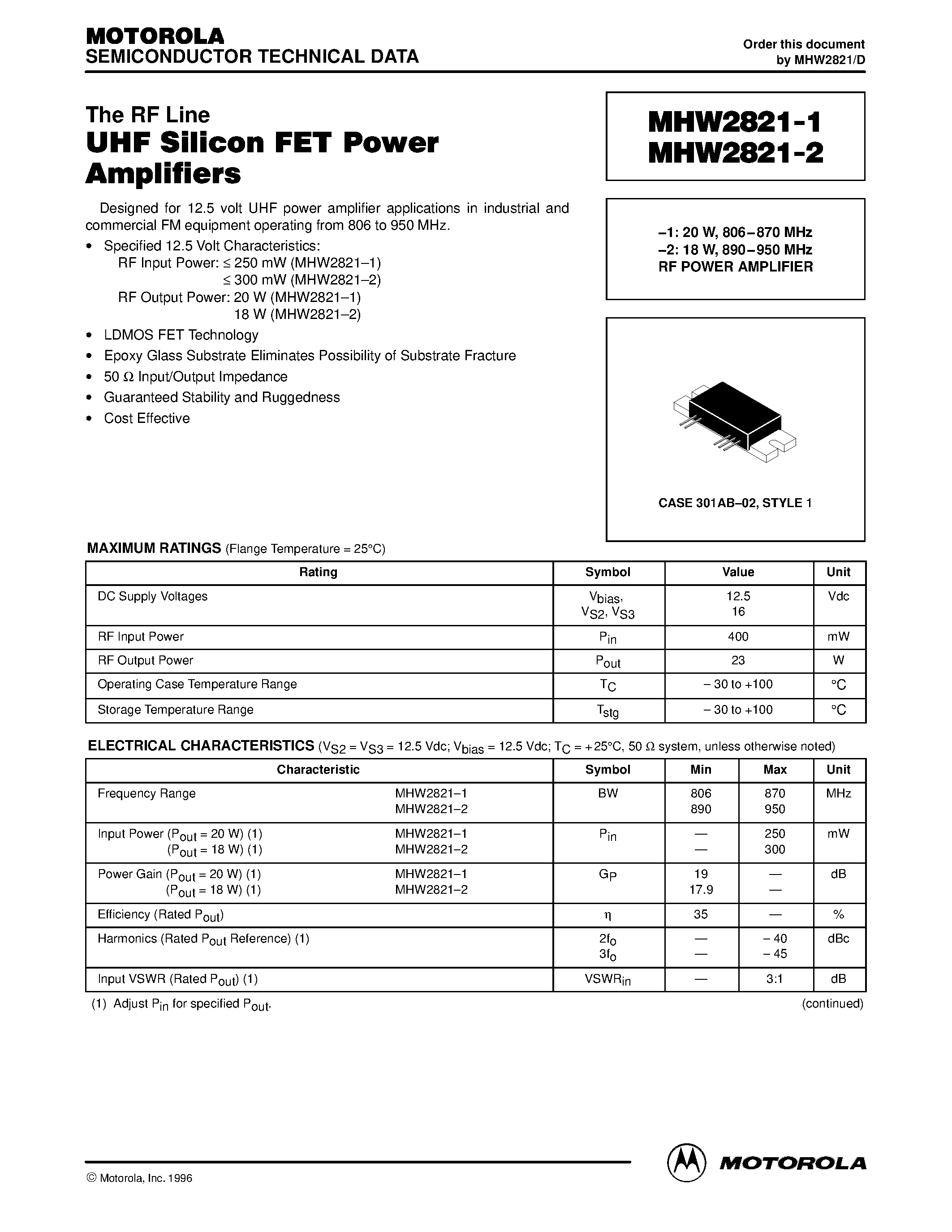 Datasheet MHW2821-2 - UHF Silicon FET Power Amplifier page 1