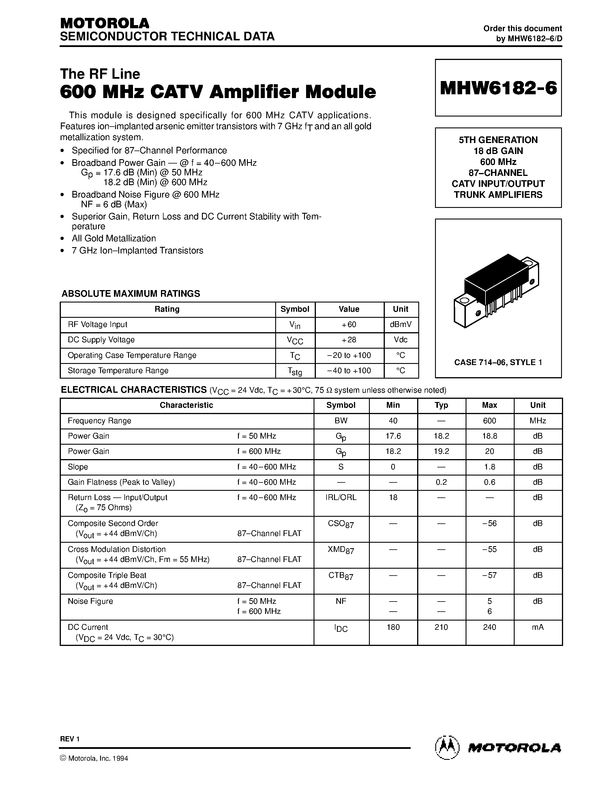 Datasheet MHW6182-6 page 1 Datasheet MHW6182-6 - 600 MHz CATV Amplifier Module page 1
