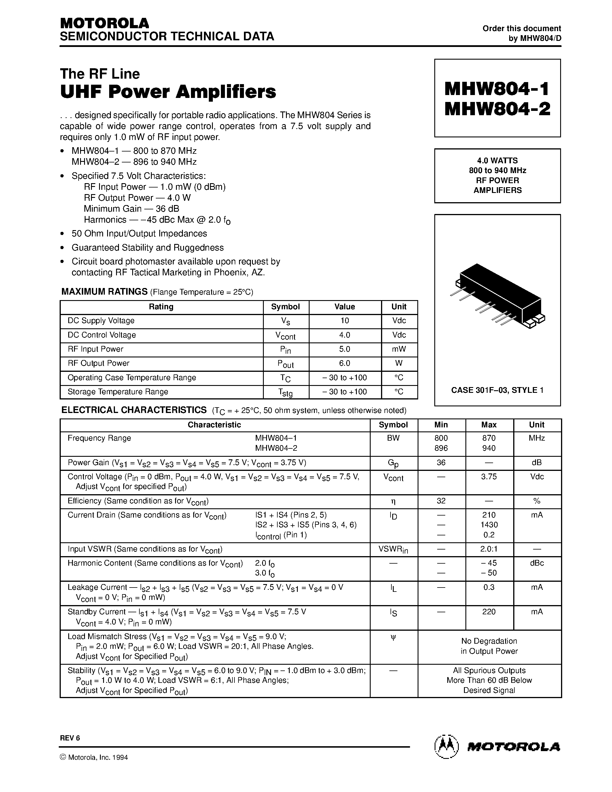Datasheet MHW804 - 4.0 WATTS 800 to 940 MHz RF POWER AMPLIFIERS page 1