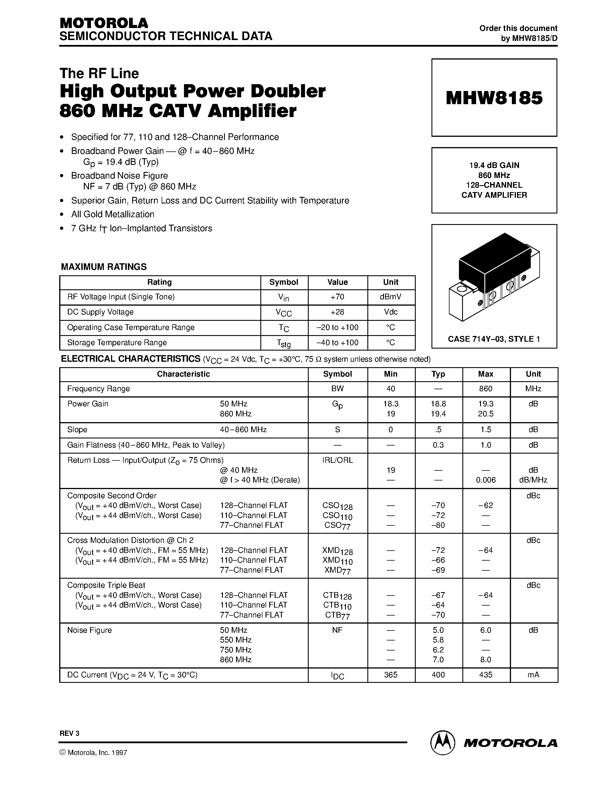 Datasheet MHW8185 - 19.4 dB GAIN 860 MHz 128-CHANNEL CATV AMPLIFIER page 1