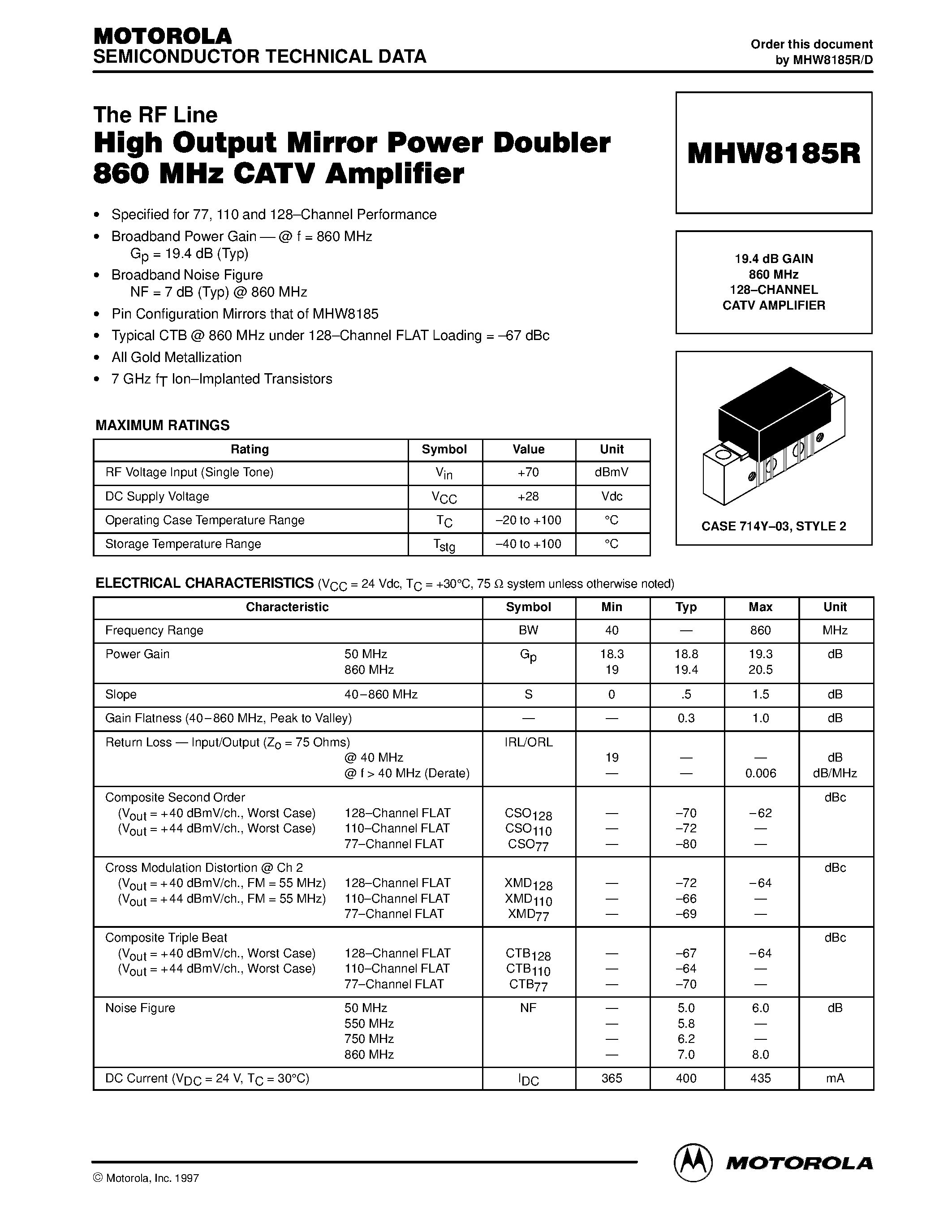 Datasheet MHW8185R - 19.4 dB GAIN 860 MHz 128-CHANNEL CATV AMPLIFIER page 1