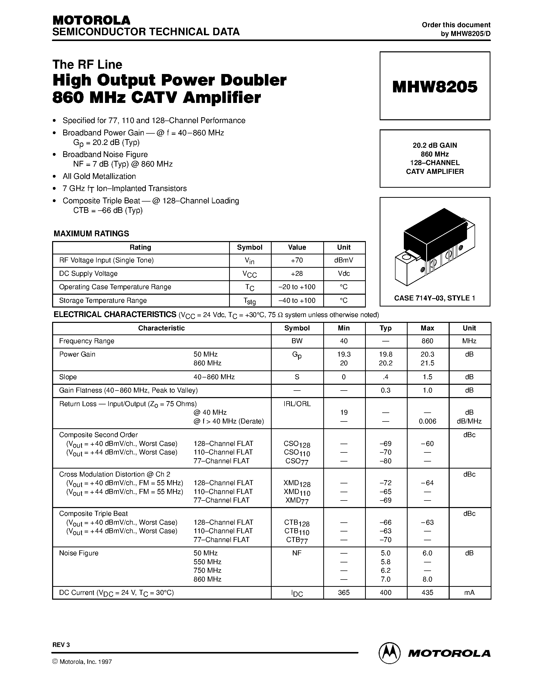 Datasheet MHW8205 - 20.2 dB GAIN 860 MHz 128-CHANNEL CATV AMPLIFIER page 1