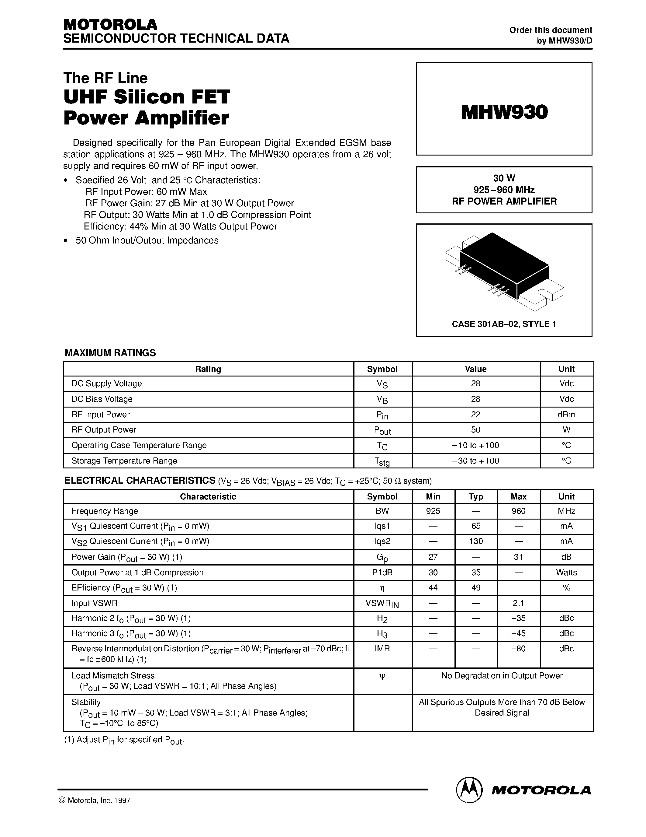 Datasheet MHW930 - 30 W 925.960 MHz RF POWER AMPLIFIER page 1