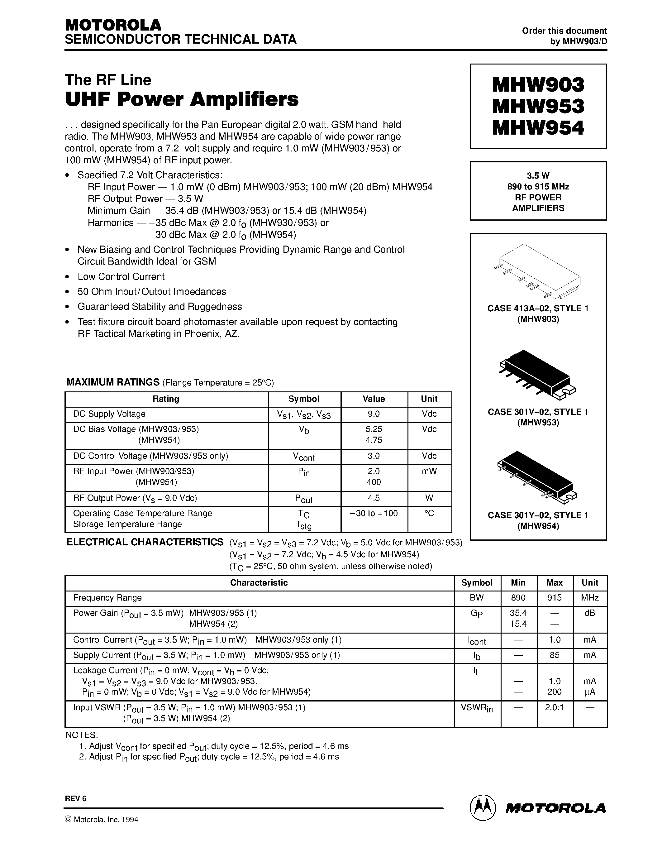Datasheet MHW953 page 1 Datasheet MHW953 - 3.5 W 890 to 915 MHz RF POWER AMPLIFIERS page 1