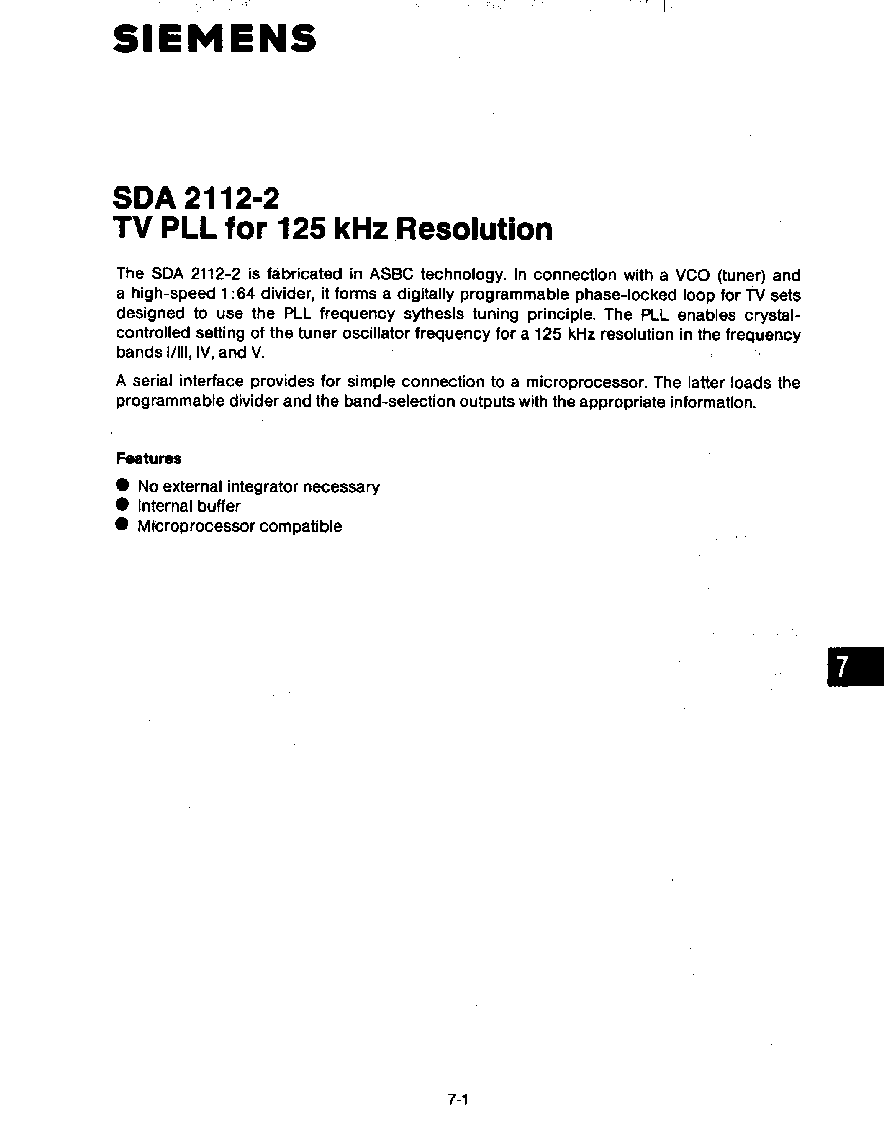 Datasheet SDA2112-2 - TV PLL for 125 kHZ Resolution page 1