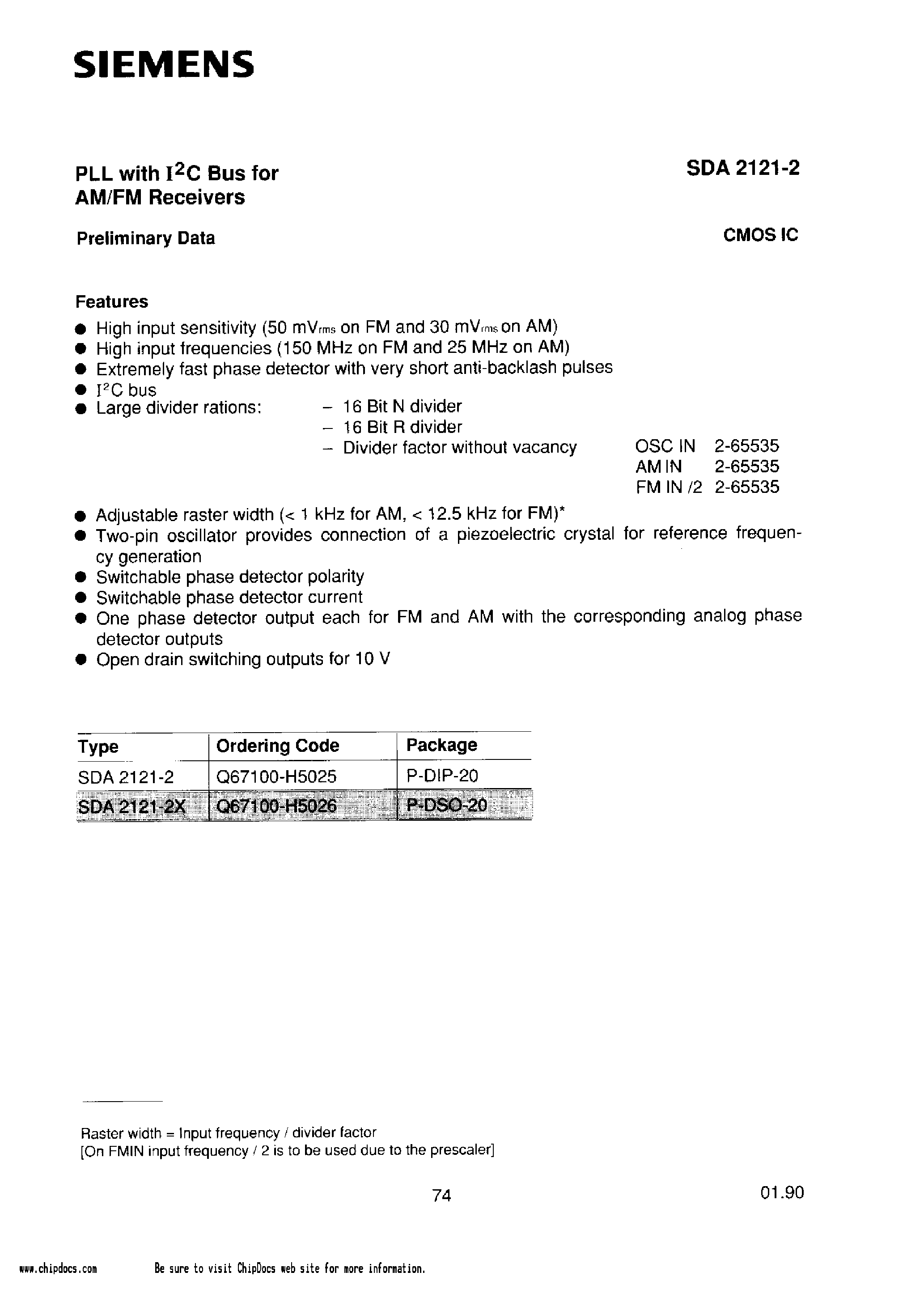 Datasheet SDA2121-2 - PLL WITH I2C BUS FOR AM/FM RECEIVERS page 1