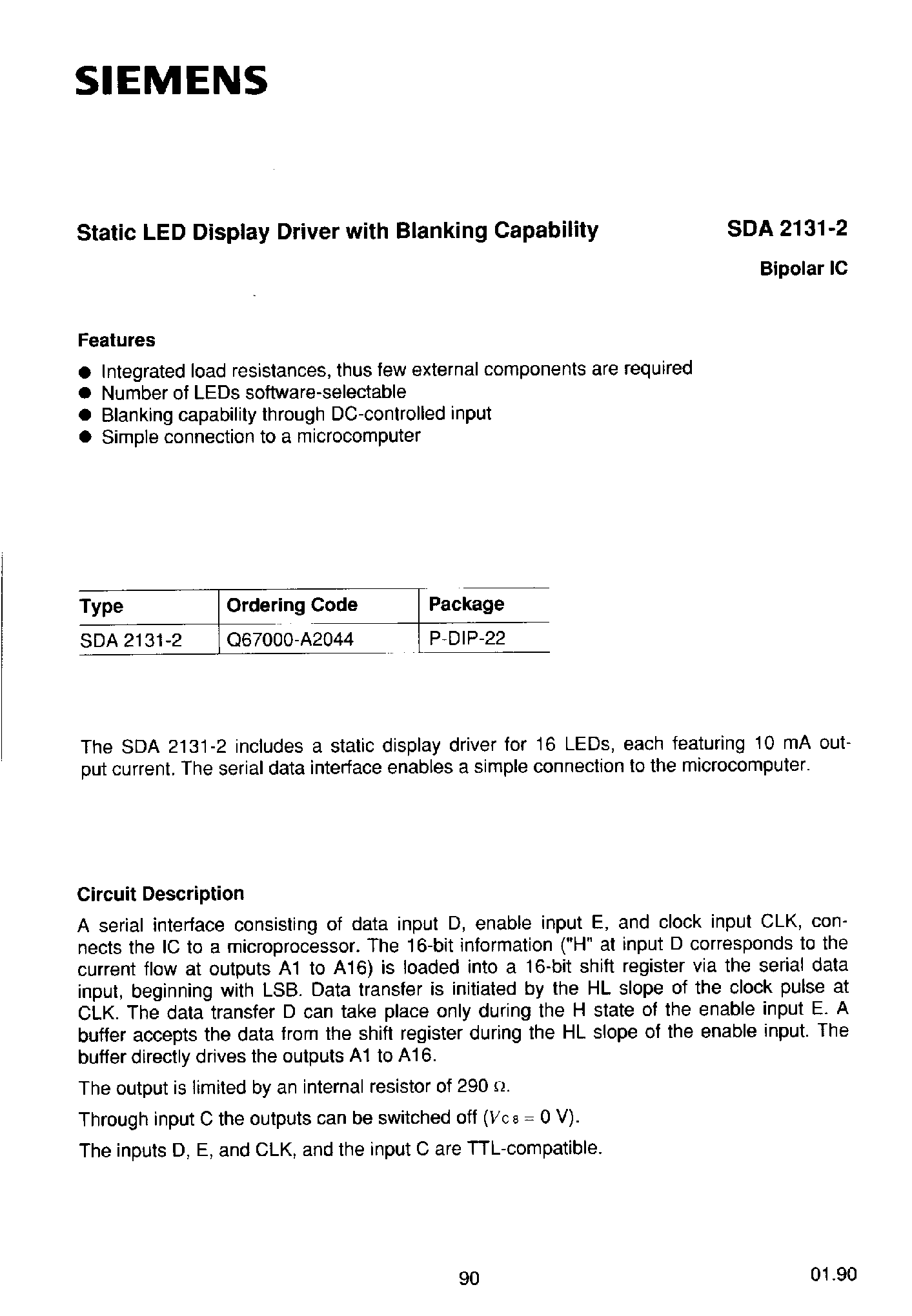 Даташит на микросхему SDA2131 страница 1 Даташит SDA2131 - Static LED Display Driver with Blanking Capability страница 1