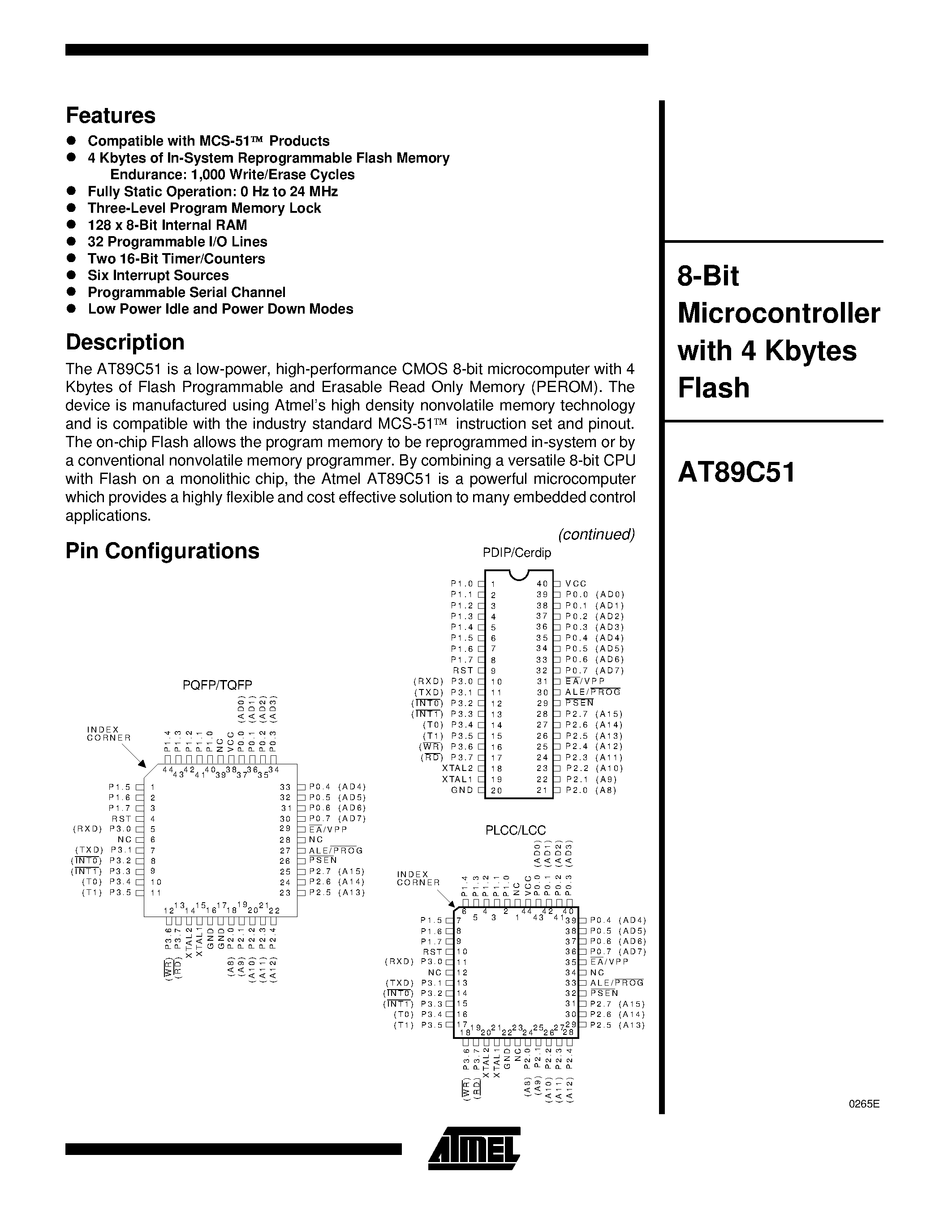 Datasheet 89C51 - 8 Bit Microcontroller with 4 Kbytes Flash page 1