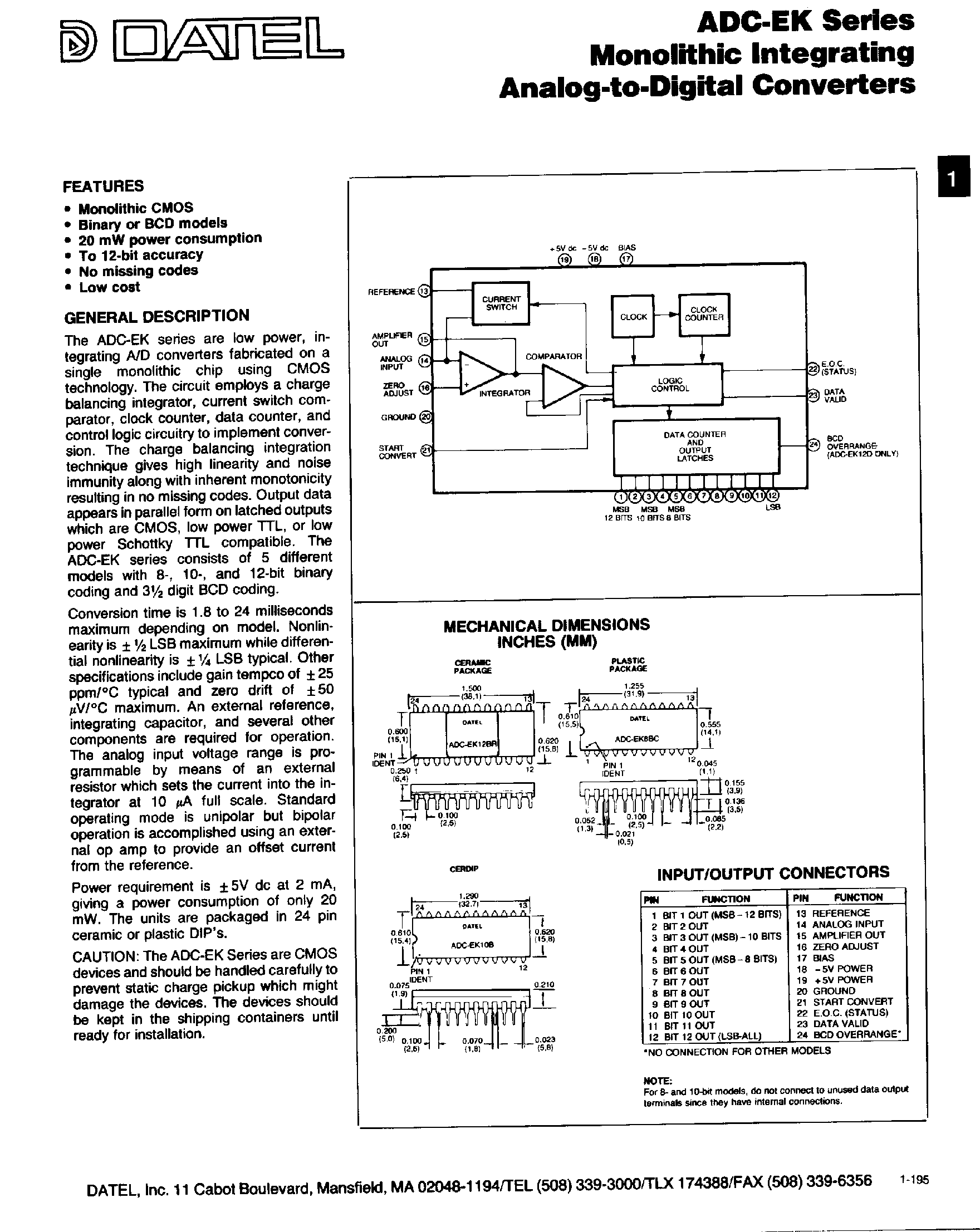 Даташит ADC-EK12B - Monolithic Integrating Analog-to-Digital Converters страница 1