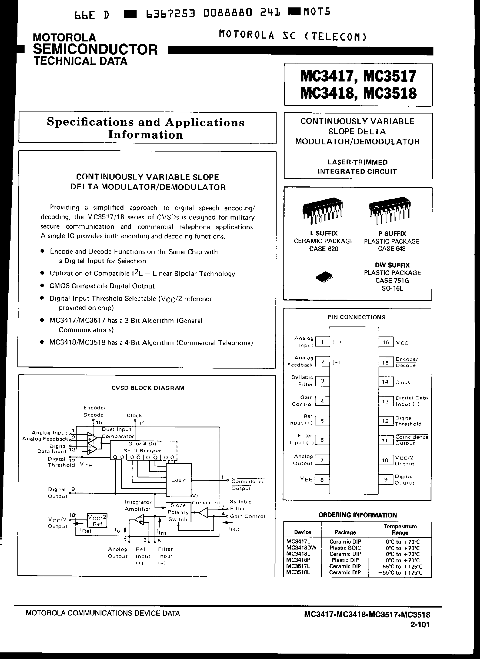 Datasheet MC3418 - Continuously Variable Slope Delta Modulator page 1