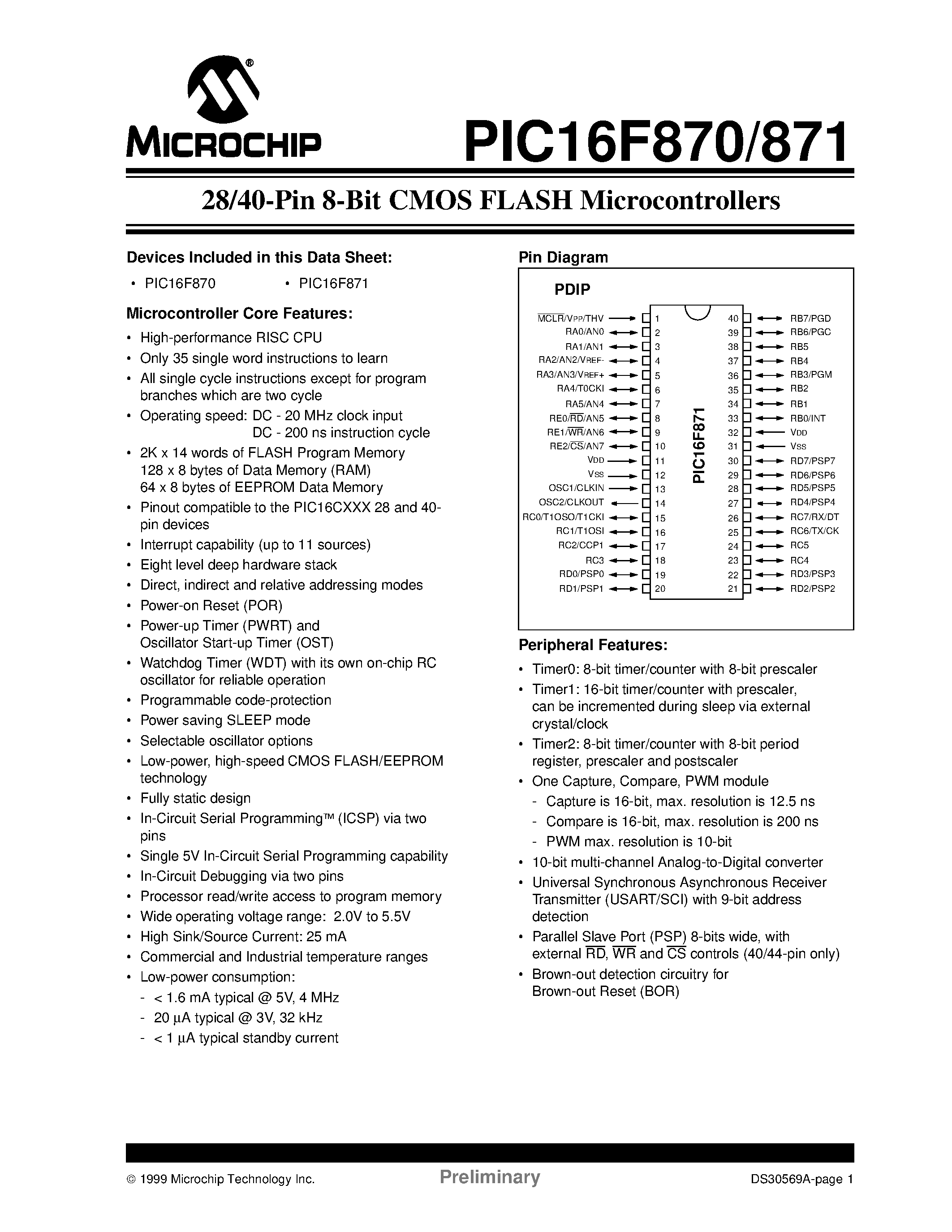 Даташит PIC16F870 - 28/40-Pin 8-Bit CMOS FLASH Microcontrollers страница 1