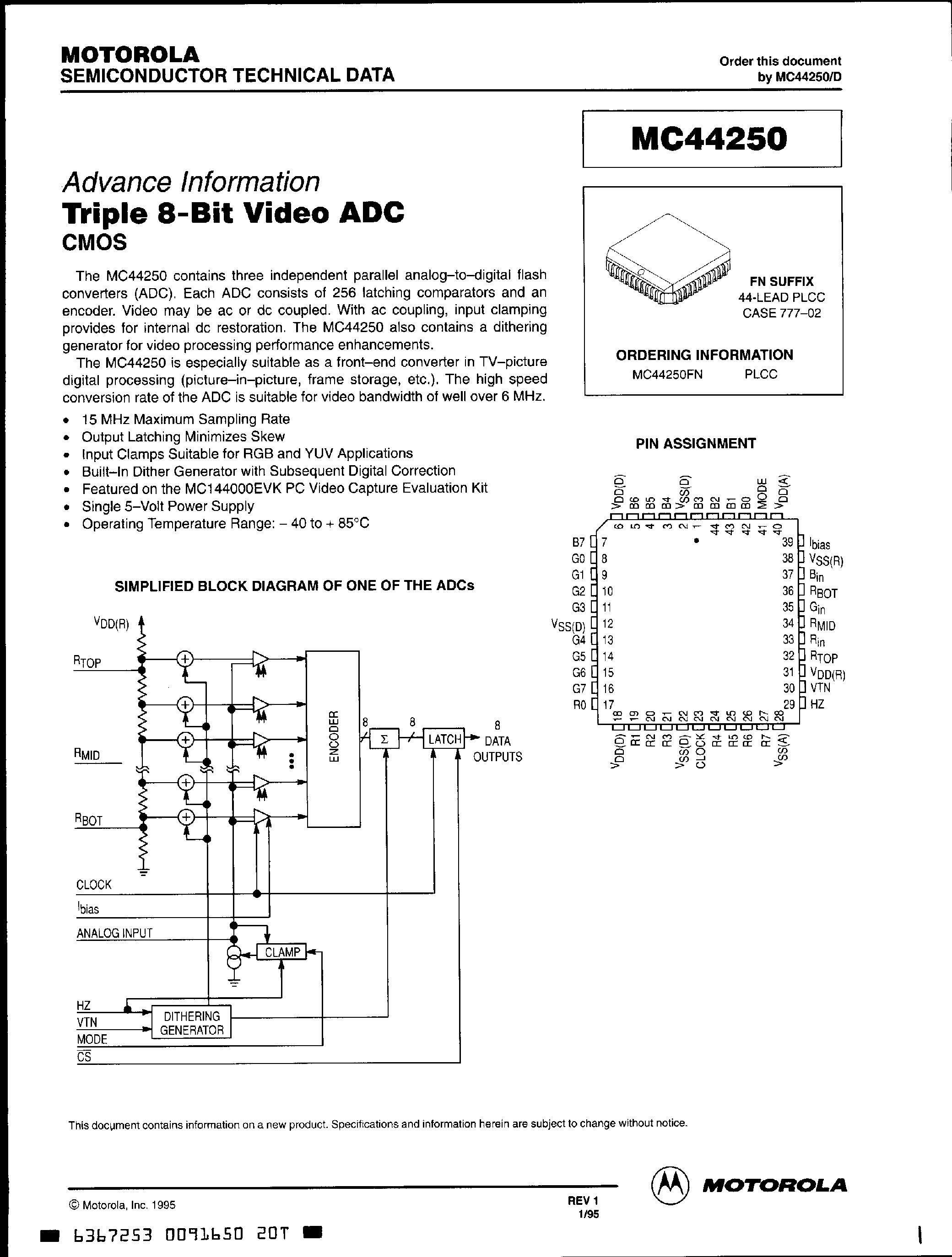 Datasheet MC44250 page 1 Datasheet MC44250 - Triple 8-Bit Video ADC CMOS page 1
