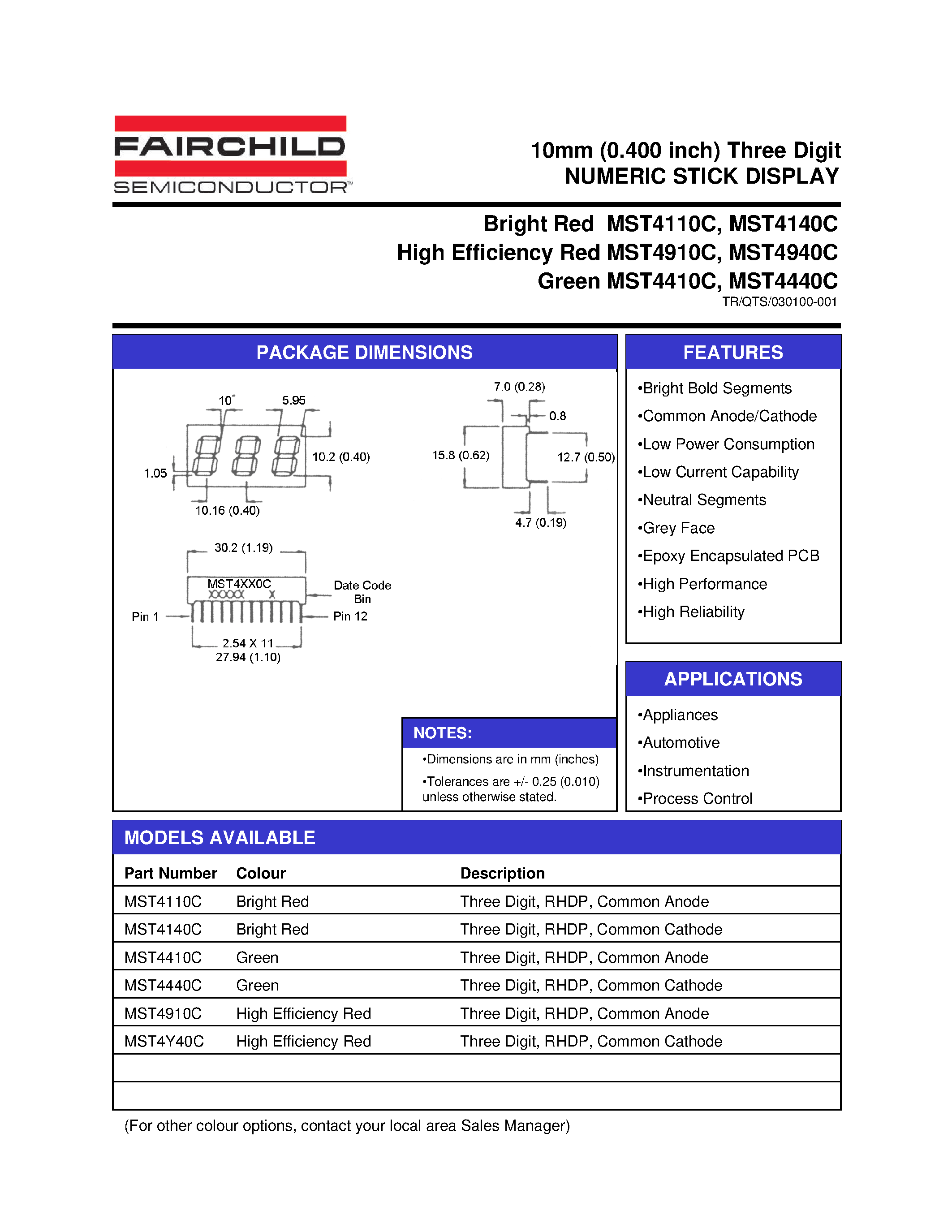 Datasheet MST4110C - 10mm (0.400 inch) Three Digit NUMERIC STICK DISPLAY page 1
