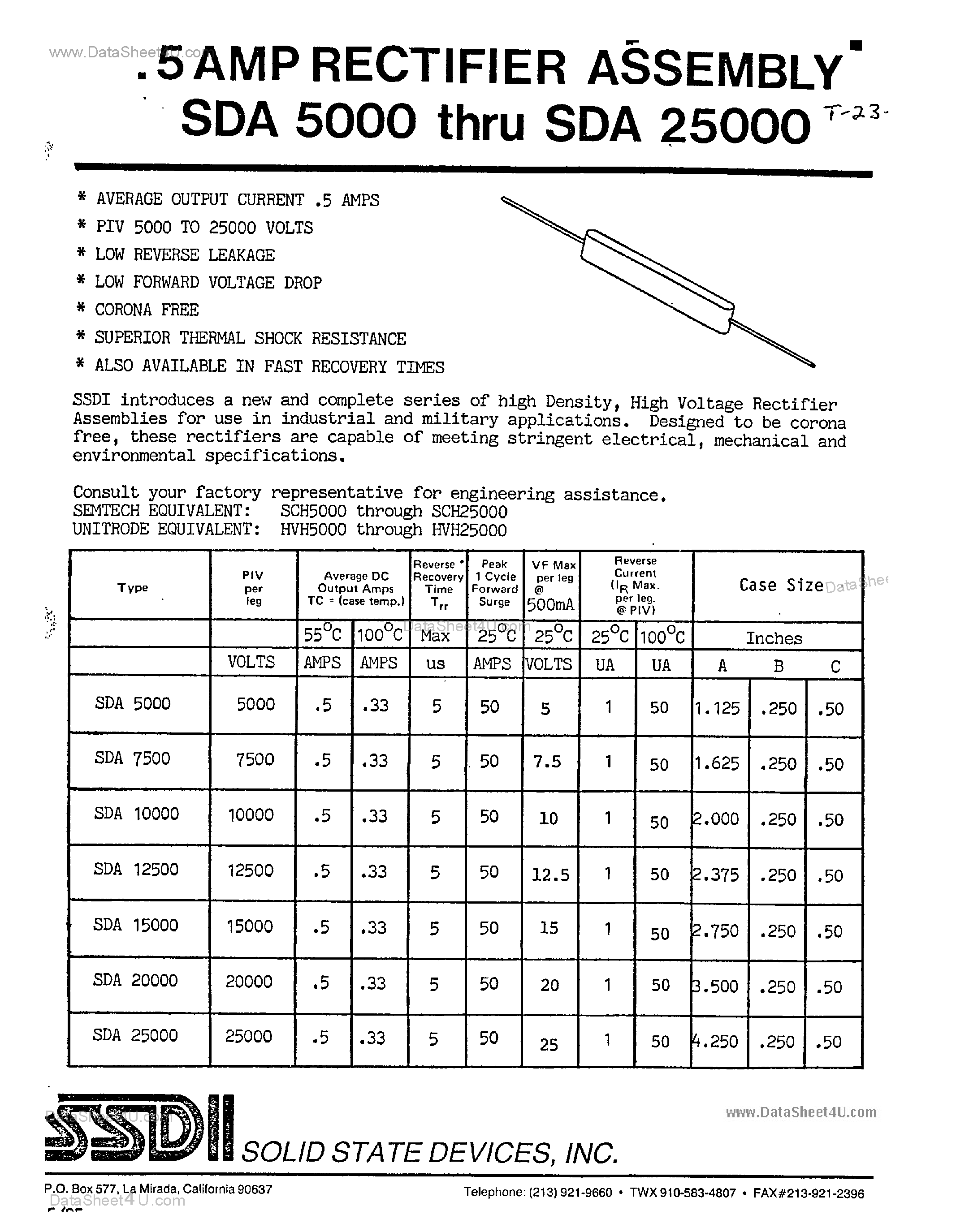 Datasheet SDA20000 - 5 AMP Rectifier Assembly page 1