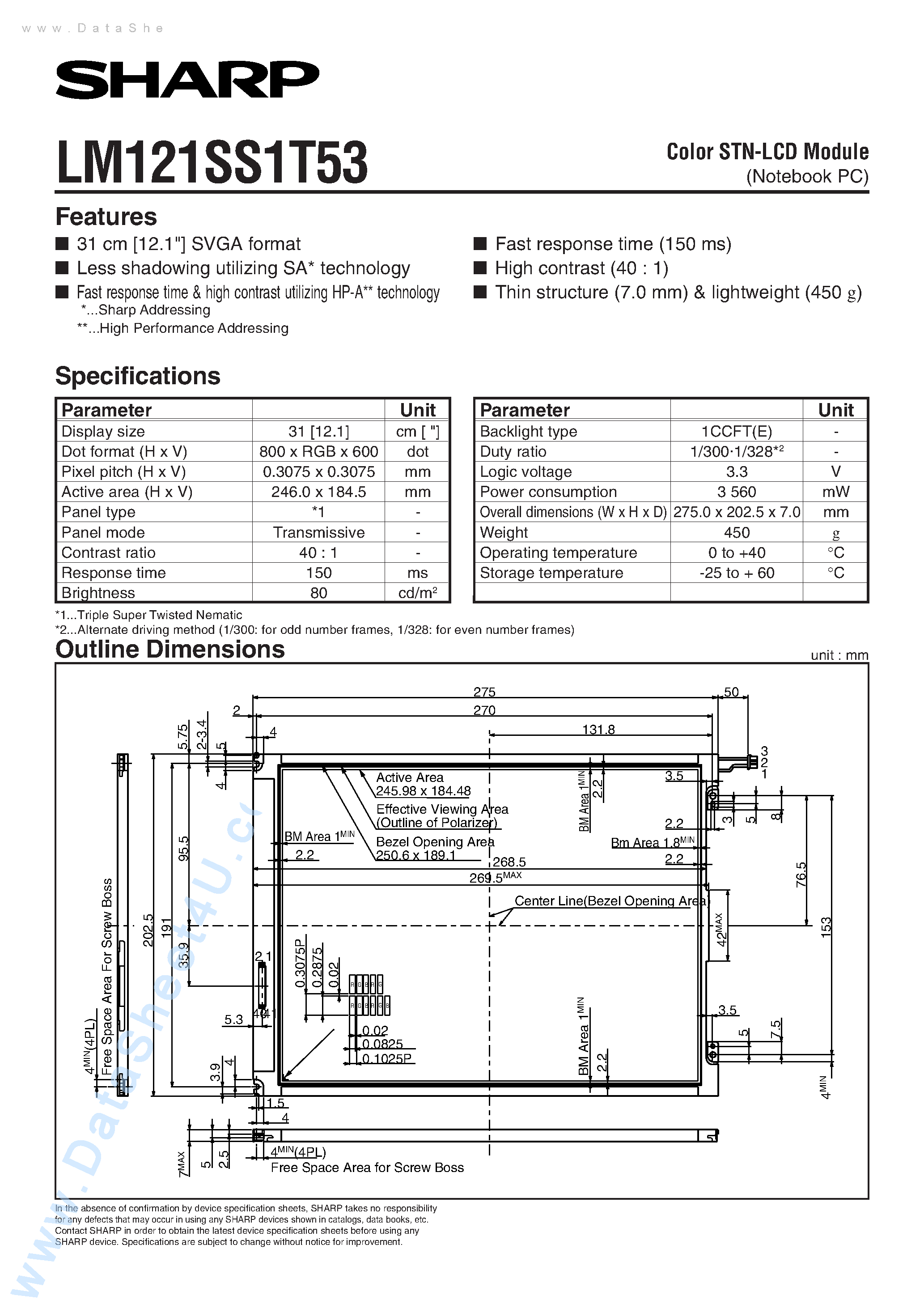 Datasheet LM121SS1T53 - Color STN-LCD Module page 1