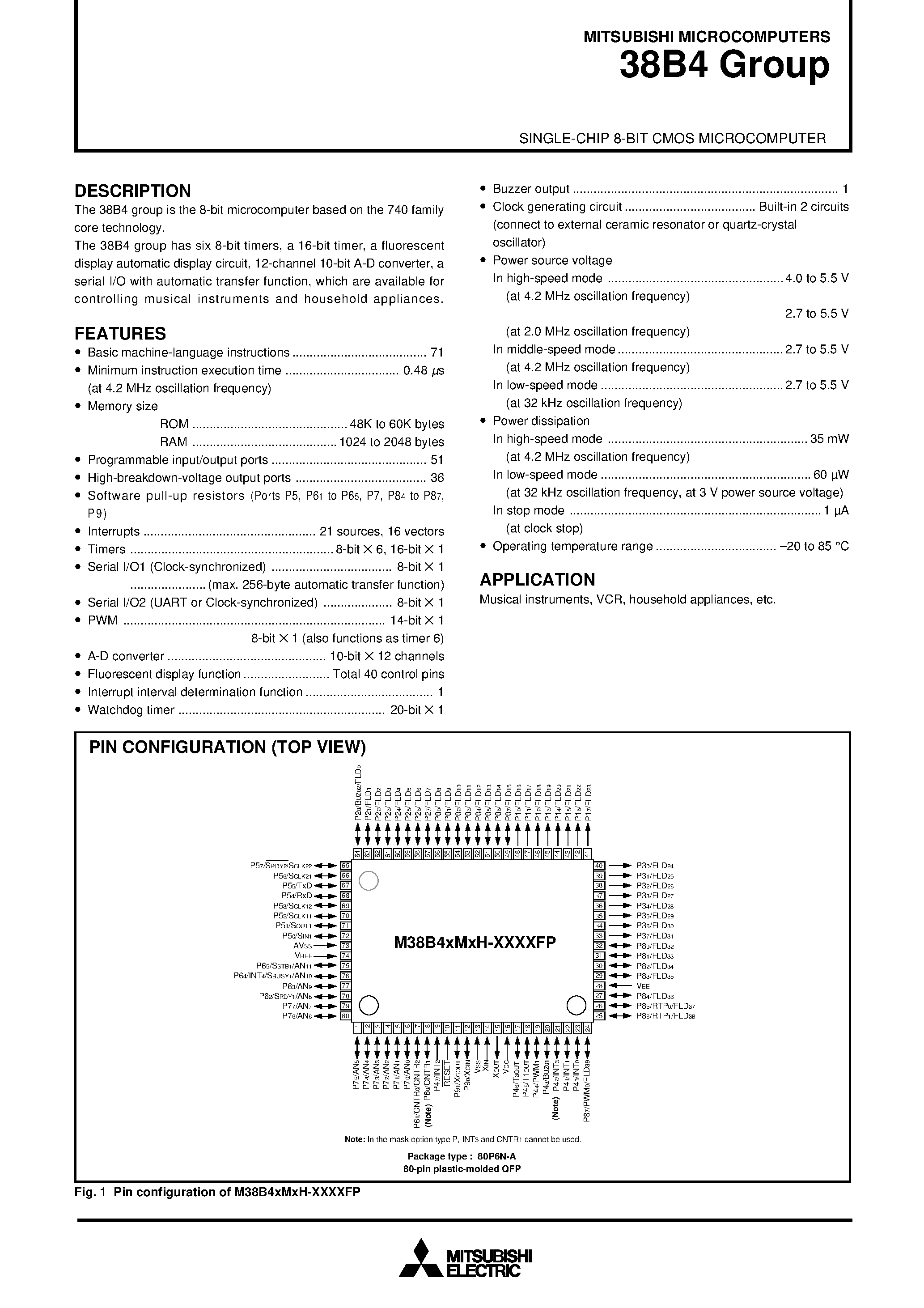 Datasheet M38B47MAH-XXXXFP - SINGLE-CHIP 8-BIT CMOS MICROCOMPUTER page 1