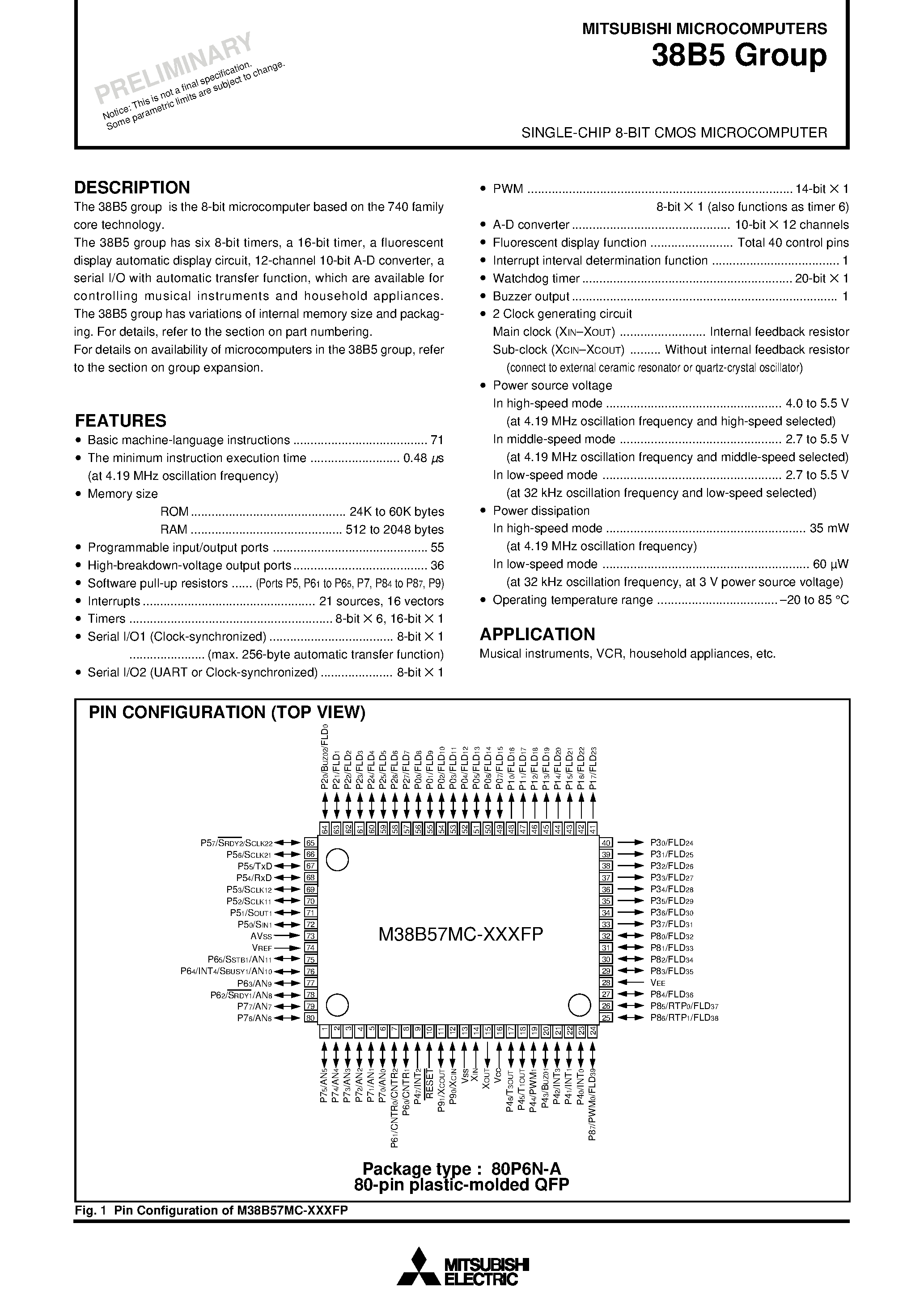 Datasheet M38B57MCH-E206FP page 1 Datasheet M38B57MCH-E206FP - 8-BIT SINGLE-CHIP MICROCOMPUTER page 1