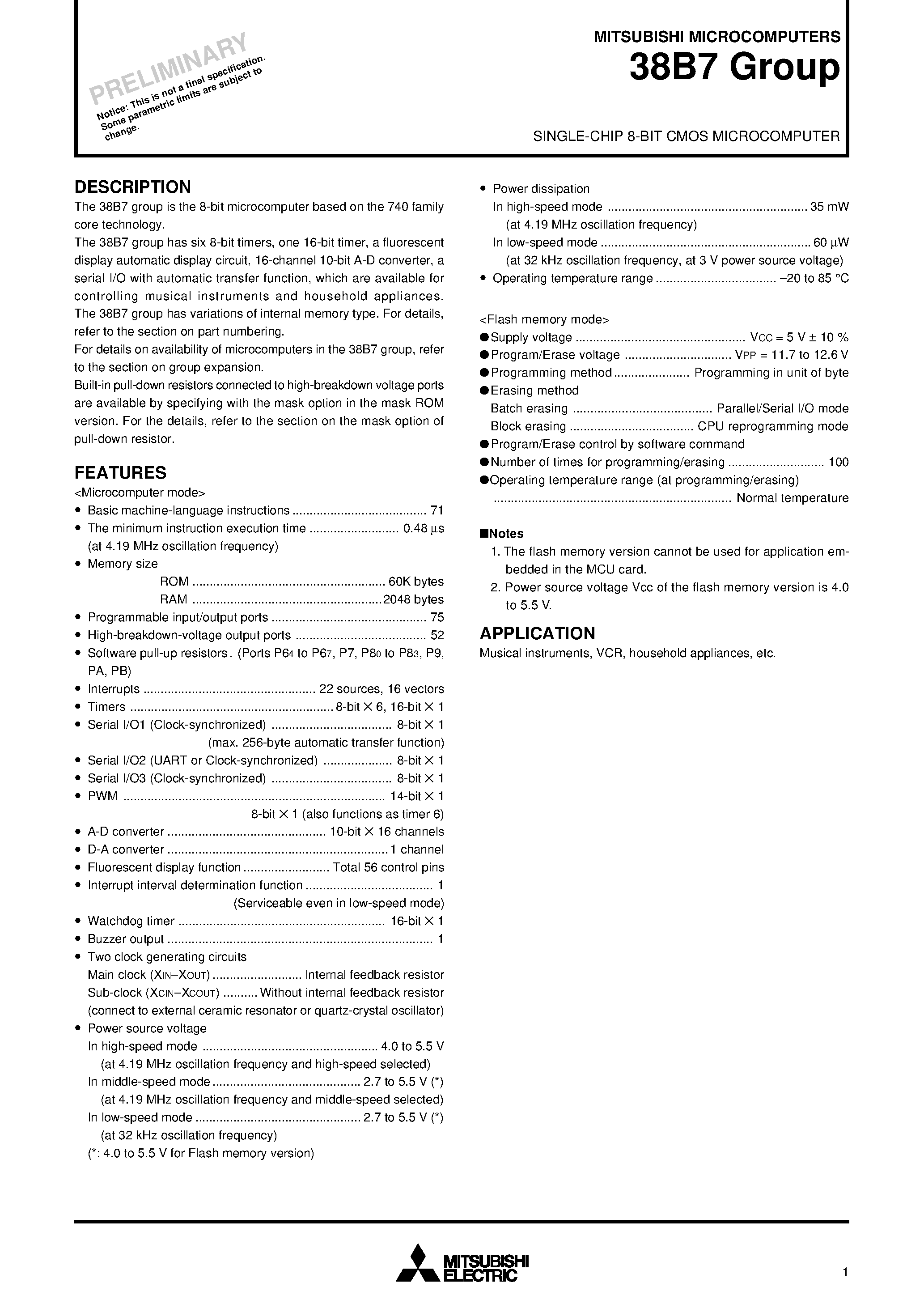 Datasheet M38B79MFH - SINGLE-CHIP 8-BIT CMOS MICROCOMPUTER page 1