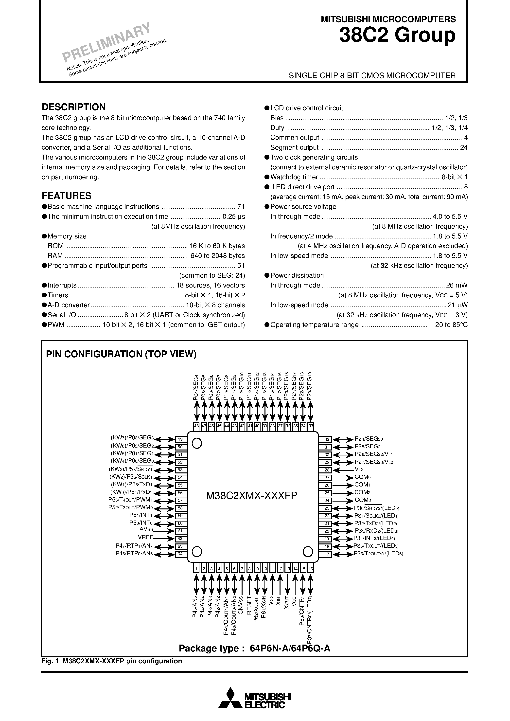 Datasheet M38C2XMX - SINGLE-CHIP 8-BIT CMOS MICROCOMPUTER page 1