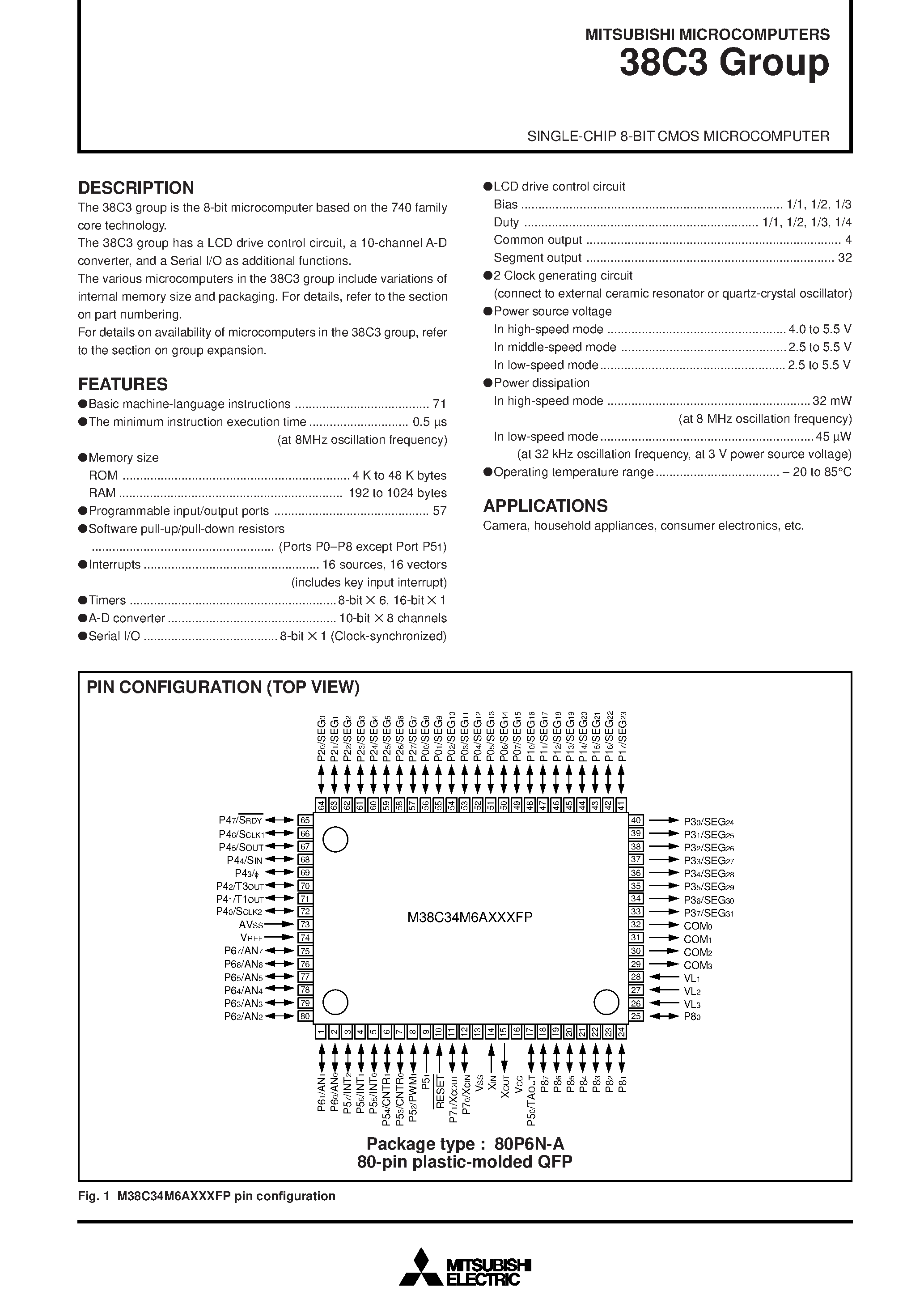 Datasheet M38C30MAAXXXFS page 1 Datasheet M38C30MAAXXXFS - SINGLE-CHIP 8-BIT CMOS MICROCOMPUTER page 1