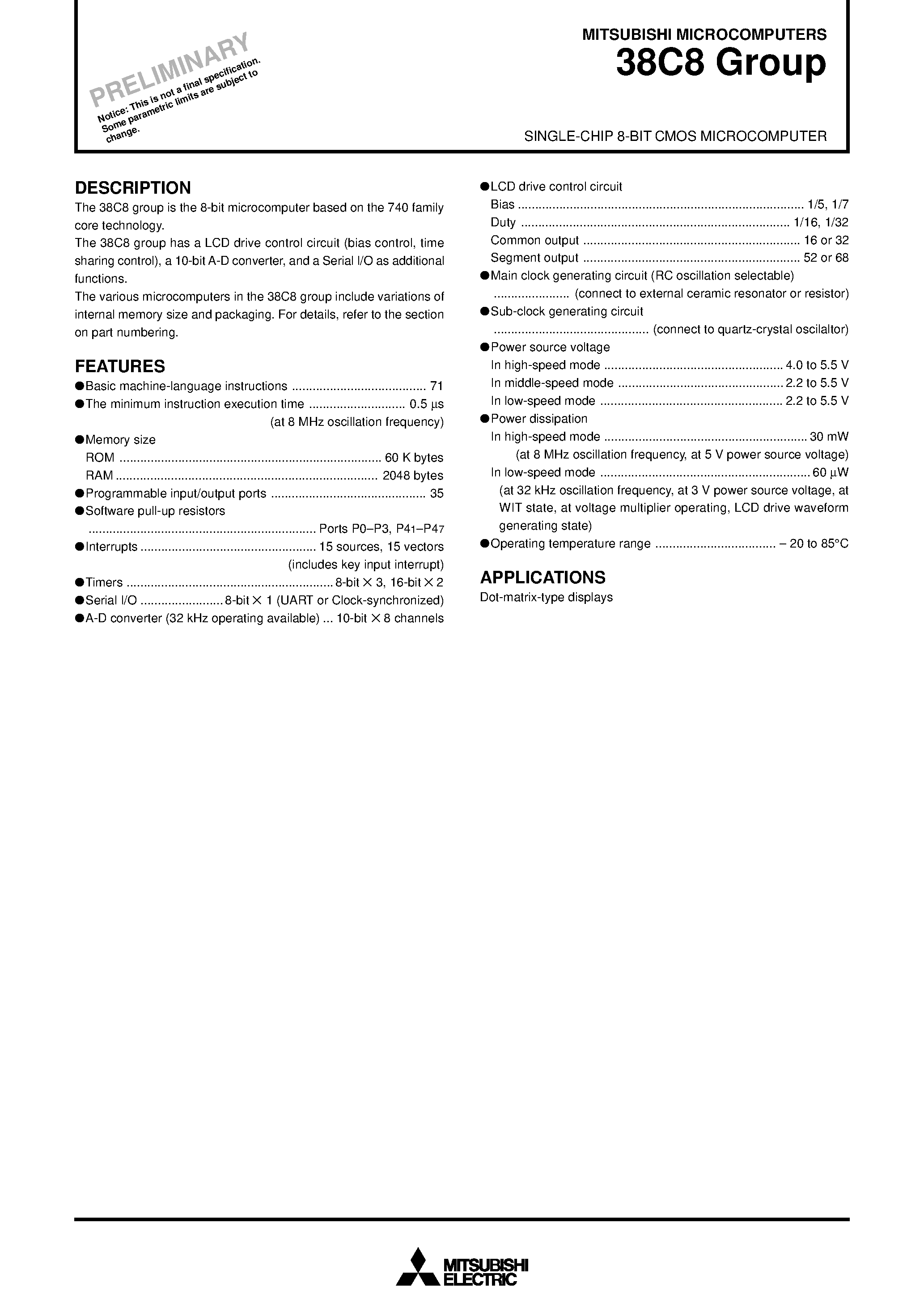 Даташит M38C84E4-XXXFP - SINGLE-CHIP 8-BIT CMOS MICROCOMPUTER страница 1
