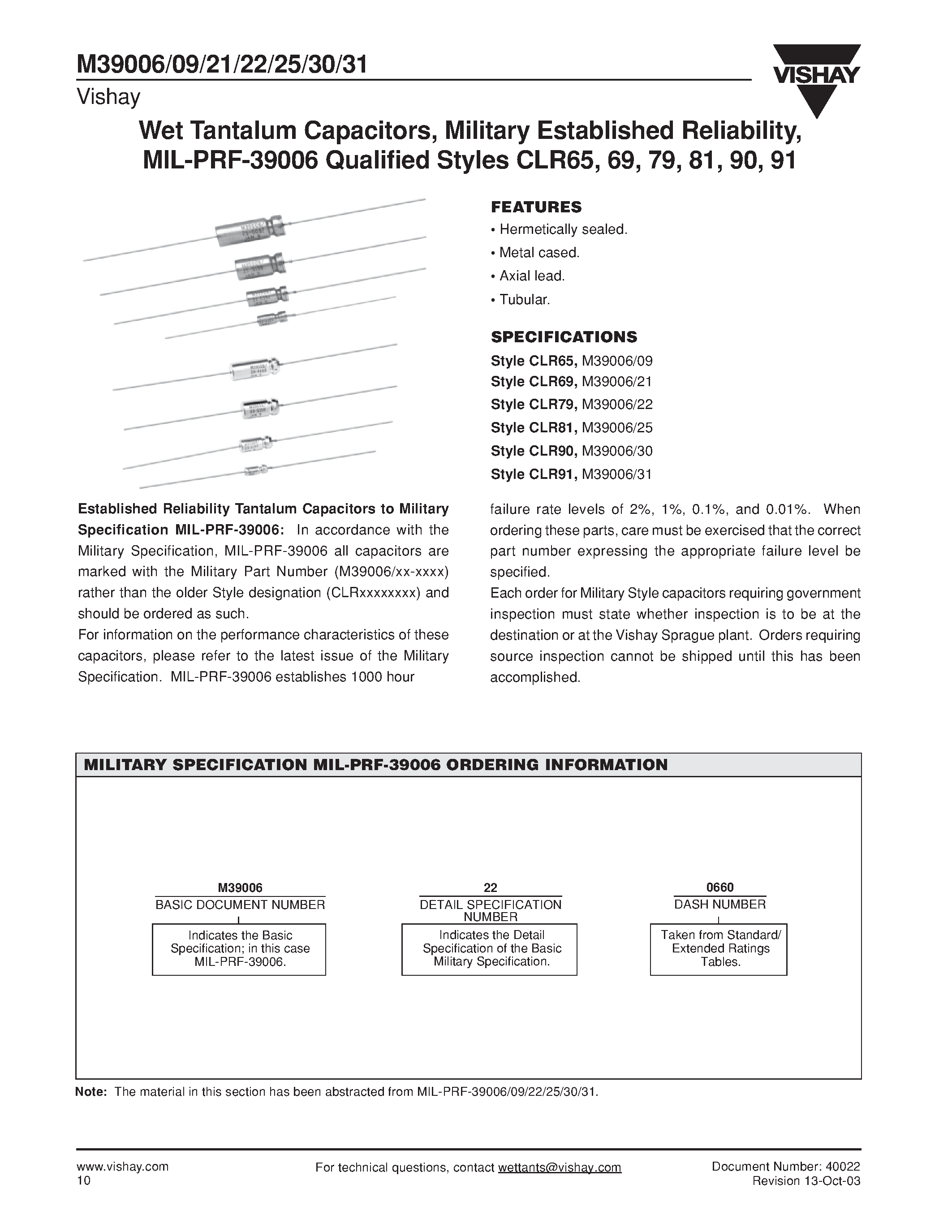 Datasheet M39006/22 - Wet Tantalum Capacitors / Military Established Reliability / MIL-PRF-39006 Qualified Styles CLR65 / 69 / 79 / 81 / 90 / 91 page 1
