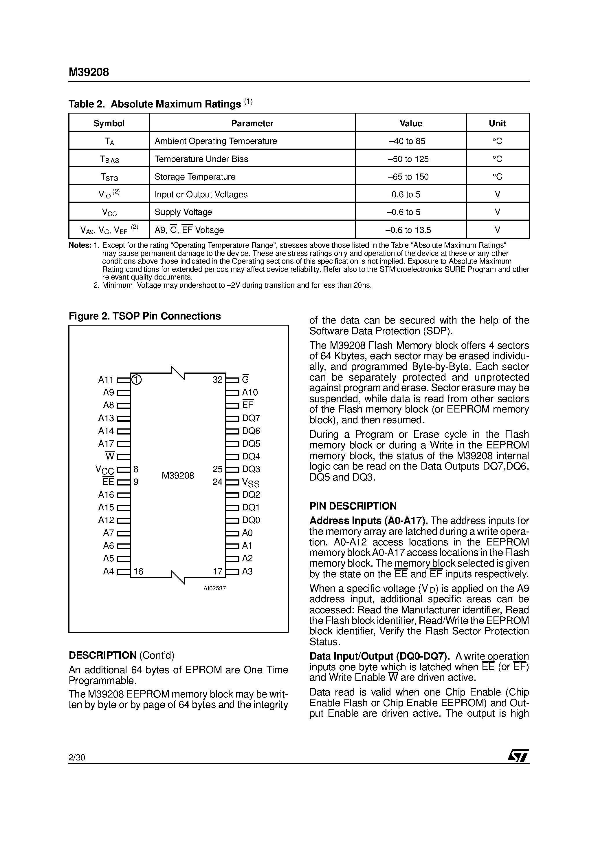 Datasheet M39208NA - Single Chip 2 Mbit Flash and 64 Kbit Parallel EEPROM Memory page 2